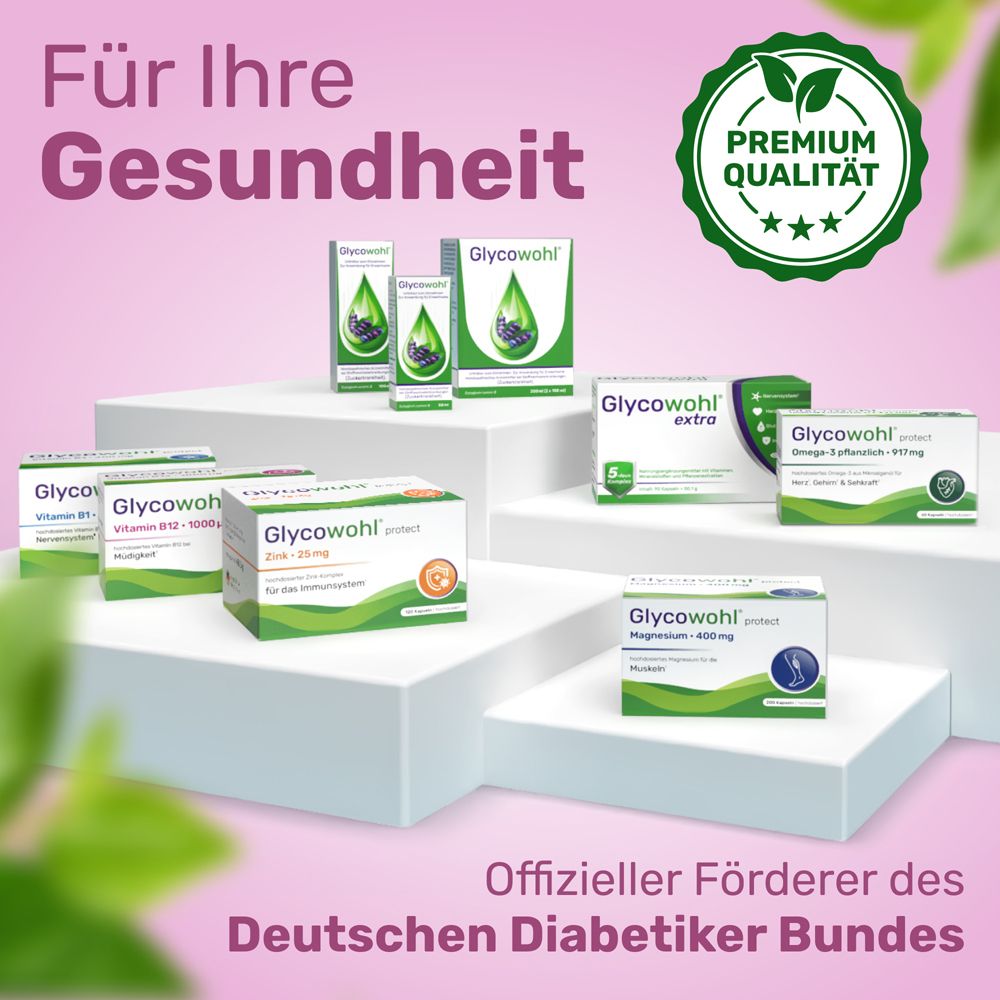 Verschiedene GLYCOWOHL Produkte. Premium Qualität. Offizieller Förderer des Deutschen Diabetiker Bundes.