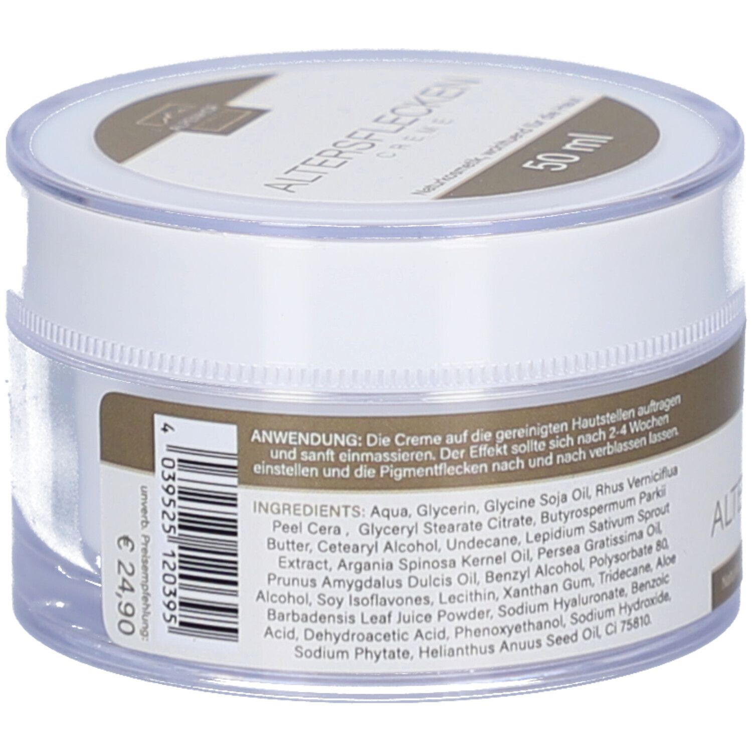 Creme-Dose mit Deckel. Aufschrift: ALTERSFLECKEN. Zutatenliste und Anwendungshinweise. 50 ml.