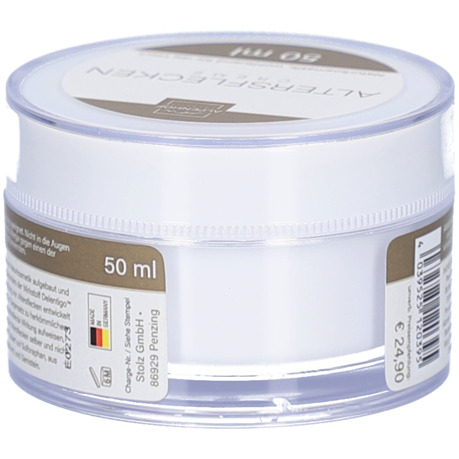Weiße Creme-Dose mit Deckel. Aufschrift: ALTERSFLECKEN. 50 ml. Hergestellt in Deutschland. Preisetikett.