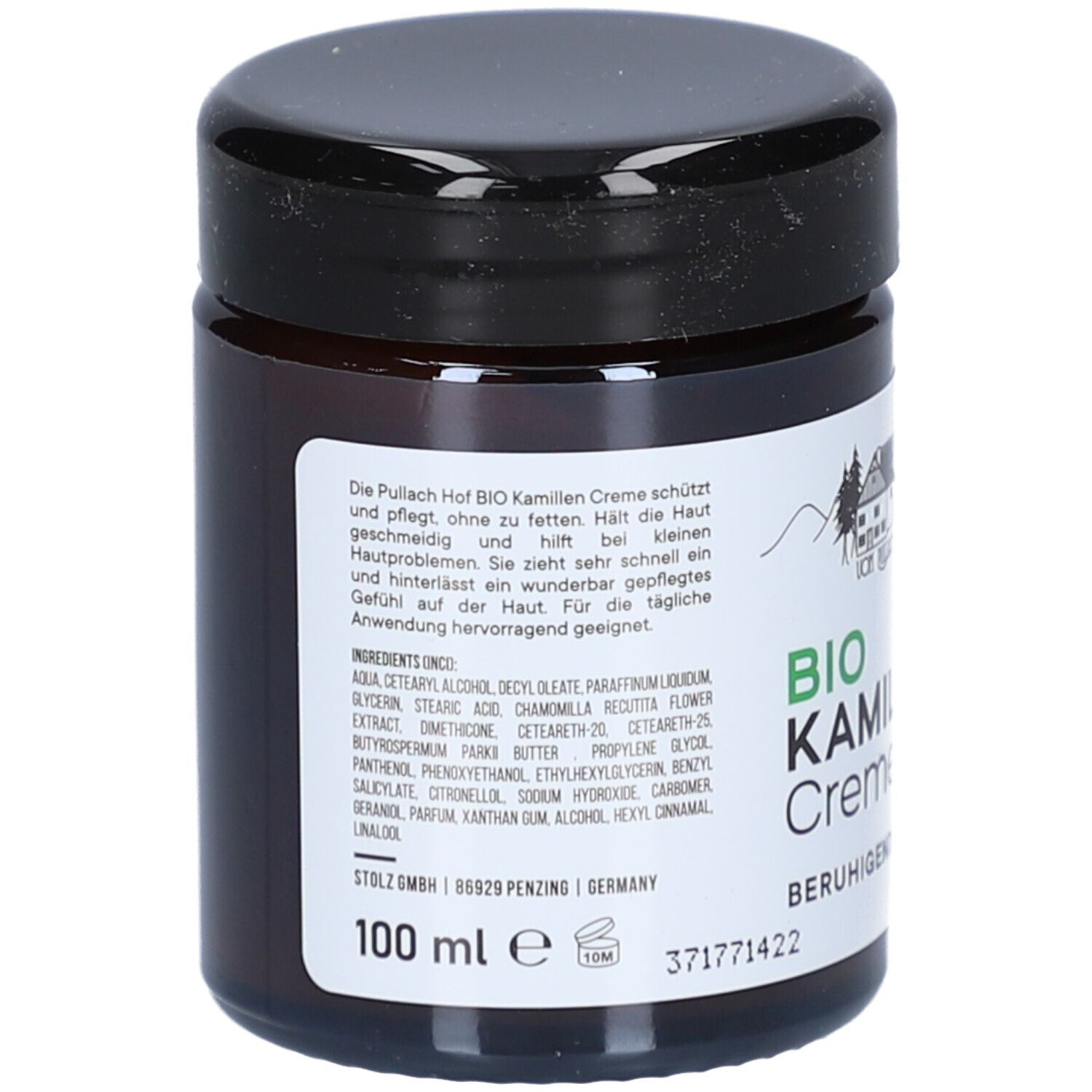 Braune Glasdose mit schwarzem Deckel. Etikett mit Produktinformationen und Inhaltsstoffen. Aufschrift: BIO Kamillen Creme.