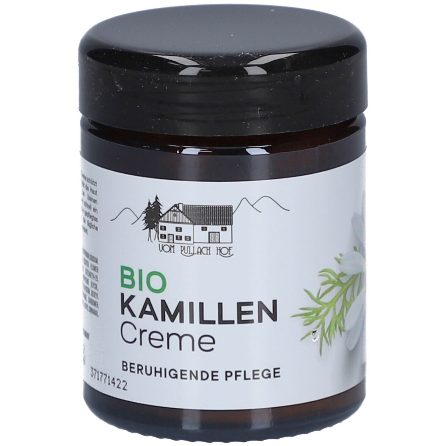 Braune Glasdose mit schwarzem Deckel. Etikett mit Logo und Aufschrift: BIO Kamillen Creme. Beruhigende Pflege.