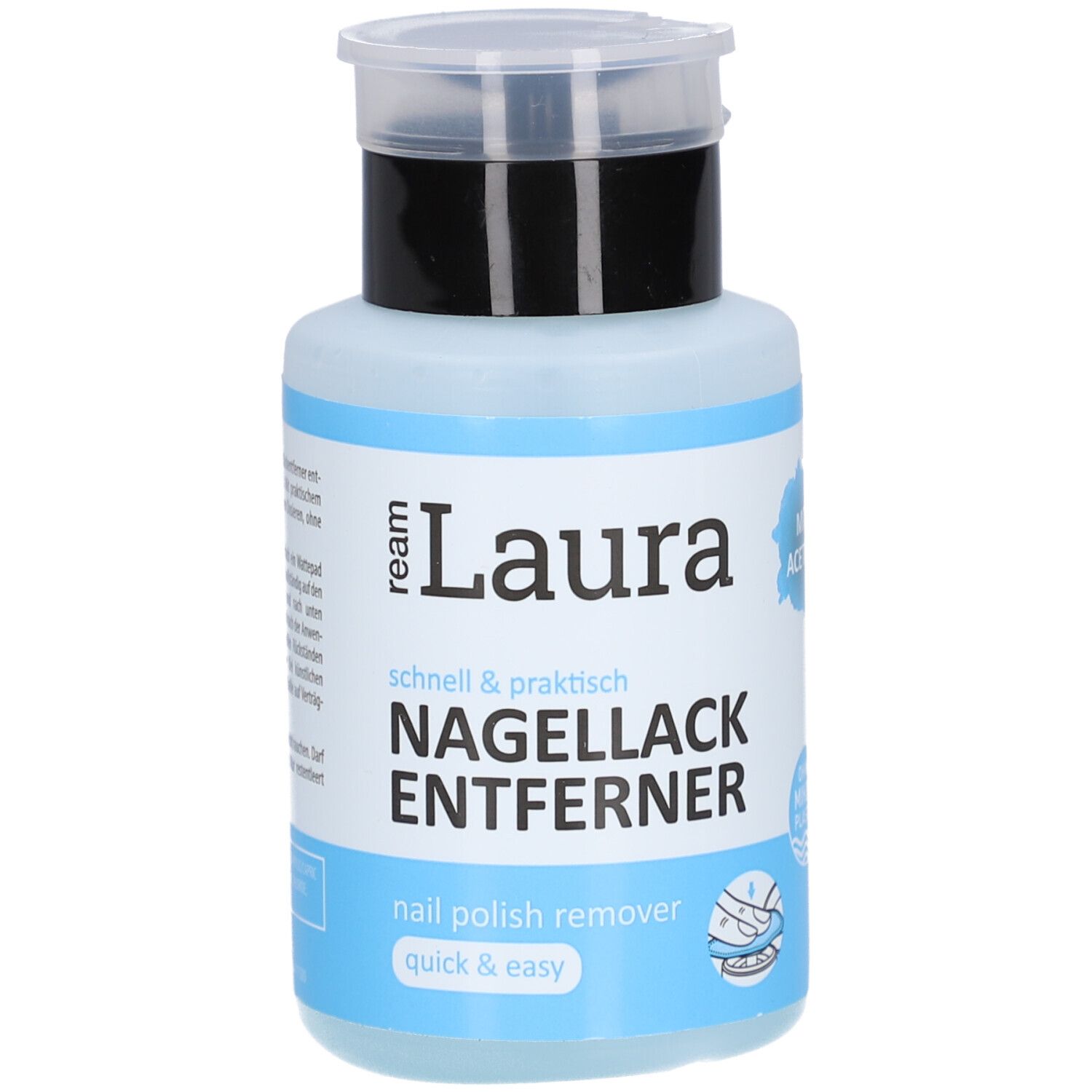 Flasche mit Pumpkopf. Aufschrift: Nagellackentferner. Marke: ream Laura. Blaue Flüssigkeit sichtbar.