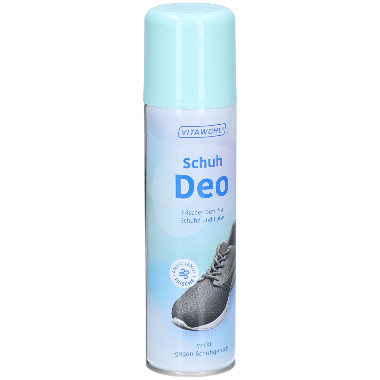 VITAWOHL Schuh Deo Sprühdose. Hellblaues Oberteil, weißer Zylinder. Text: Schuh Deo, frischer Duft für Schuhe und Füße. Abbildung eines Schuhs.