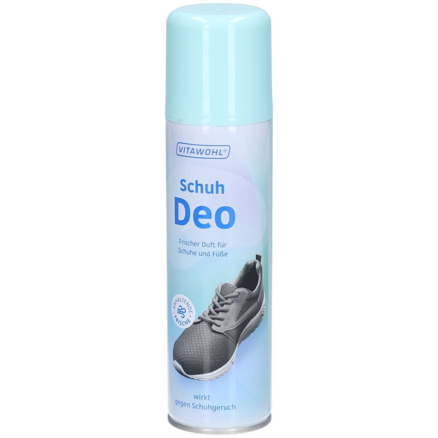 VITAWOHL Schuh Deo Sprühdose. Hellblaues Oberteil, weißer Zylinder. Text: Schuh Deo, frischer Duft für Schuhe und Füße. Abbildung eines Schuhs.