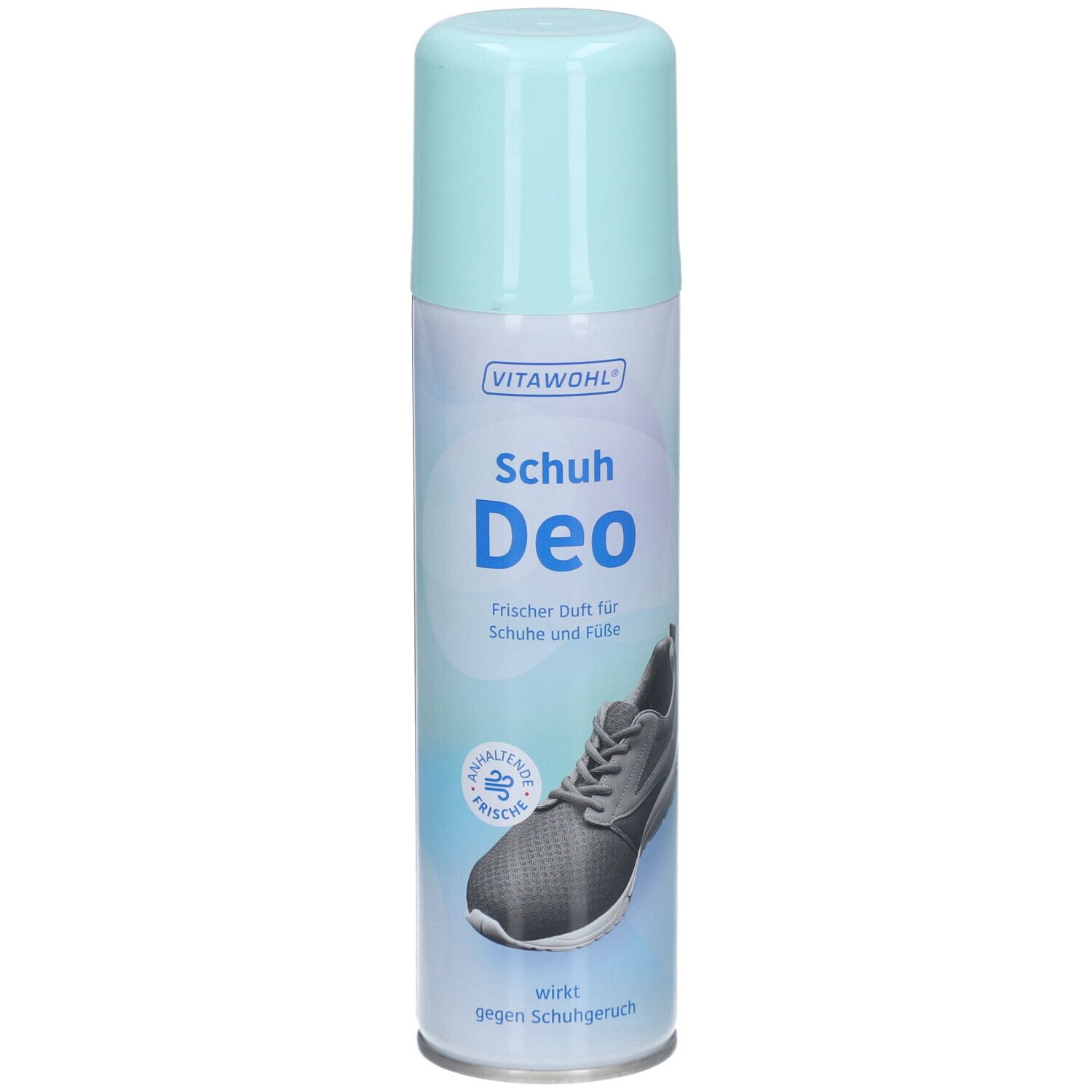 Sprühdose VITAWOHL Schuh Deo. Hellblaues Oberteil, weißer Zylinder. Text: Schuh Deo, frischer Duft für Schuhe und Füße. Abbildung eines Schuhs.