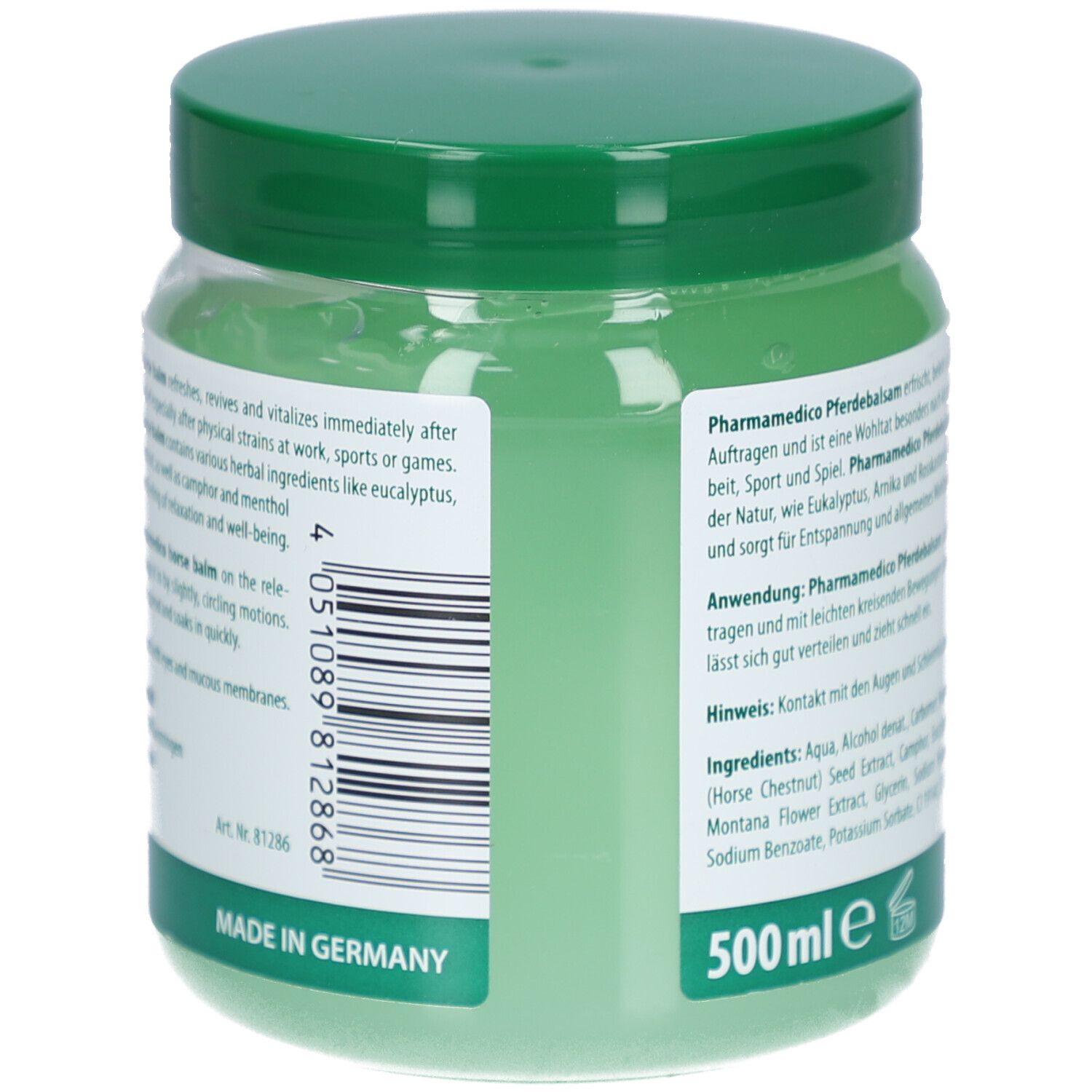 Grünes Glas mit grünem Deckel. Rückseite mit Text, Barcode und Volumenangabe: 500 ml. Hergestellt in Deutschland.