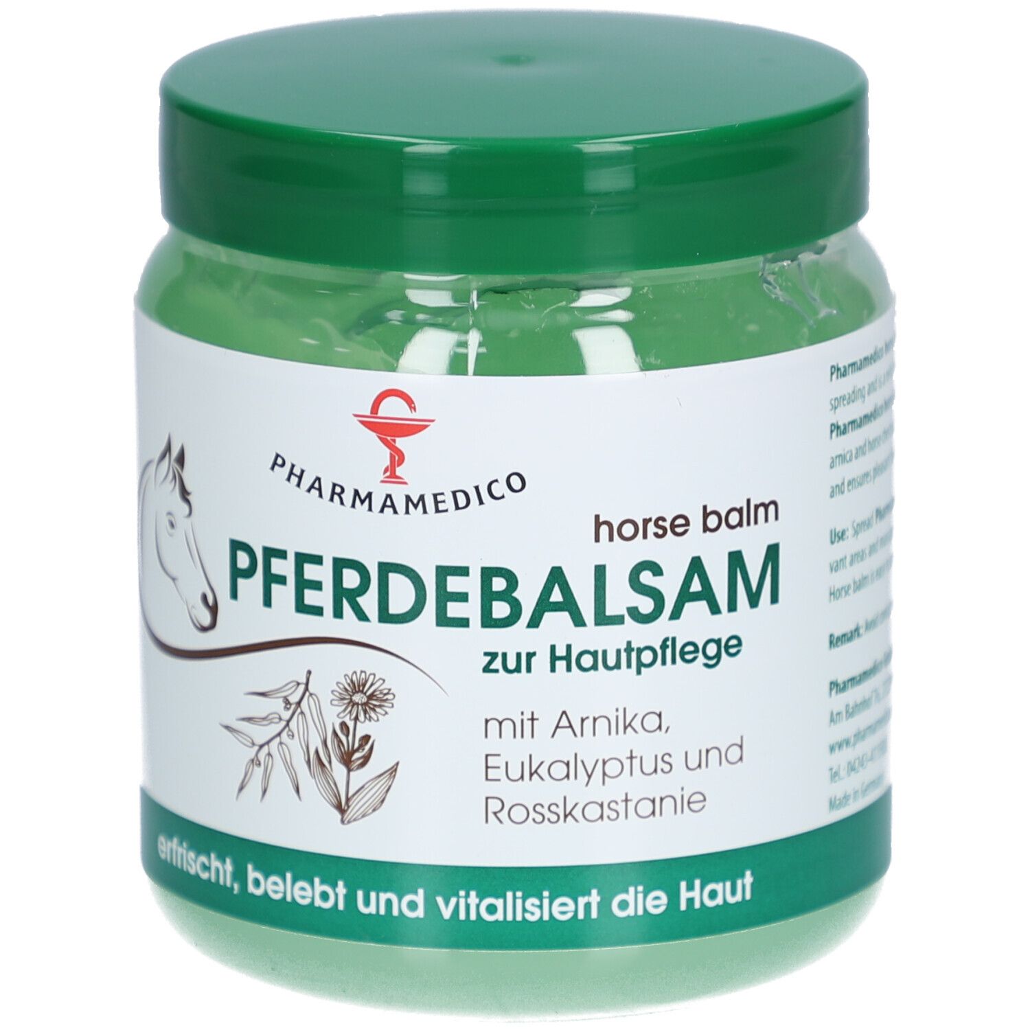 Grünes Glas mit grünem Deckel. Etikett mit Logo, Produktname und Inhaltsstoffen. Text: erfrischt, belebt und vitalisiert die Haut.