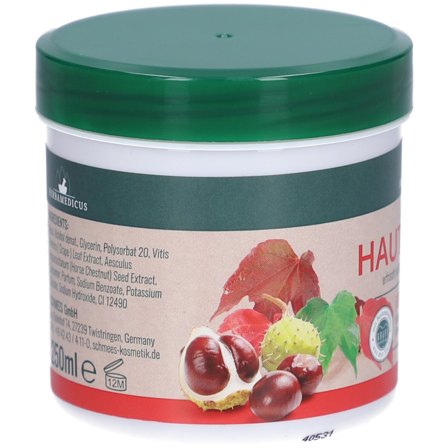 Rückseite des Hautbalsam-Behälters. Zutatenliste und Herstellerinformationen. Aufschrift: 250ml.