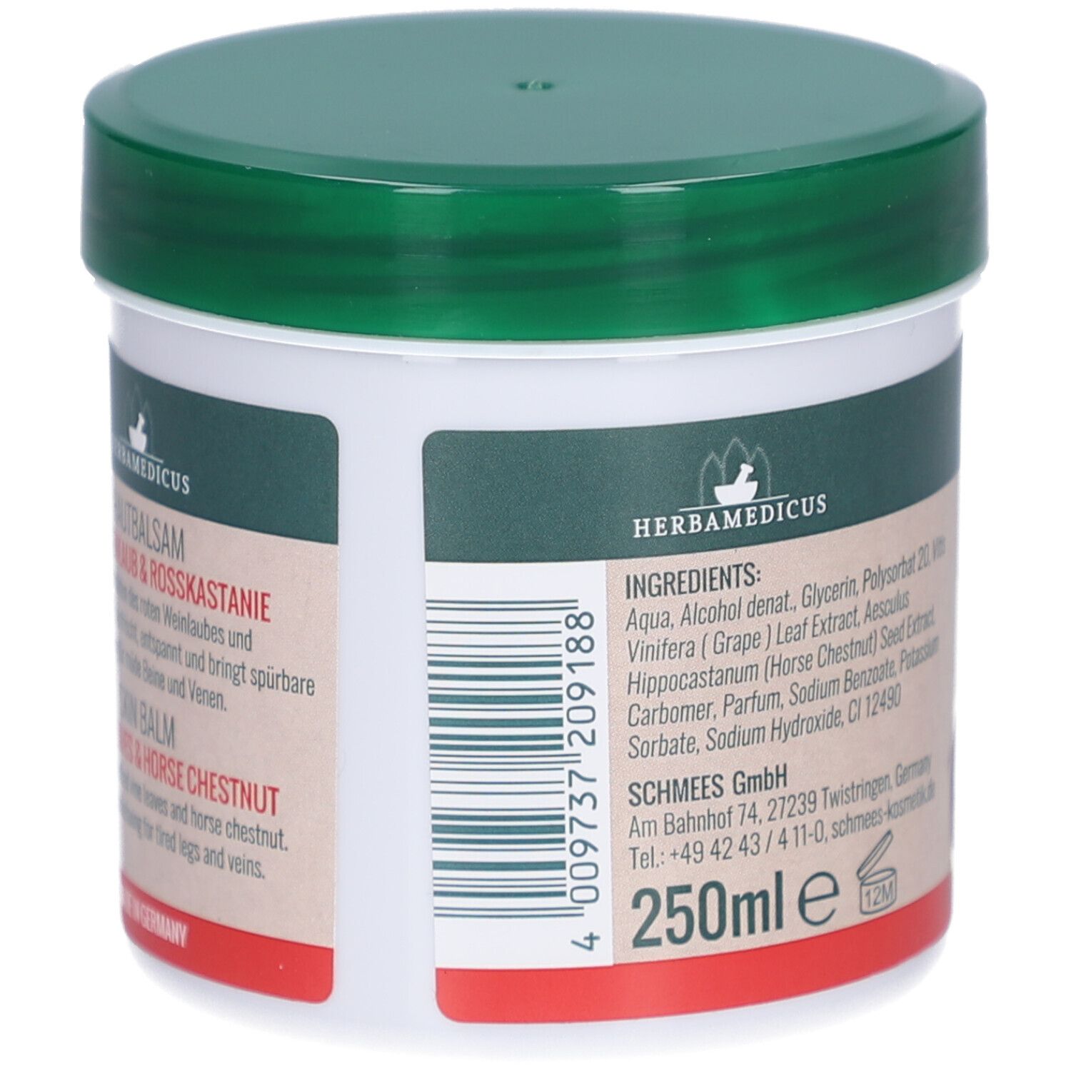 Rückseite des Hautbalsam-Behälters. Aufschrift: Hautbalsam, Rotes Weinlaub & Rosskastanie. Herstellerinformationen.