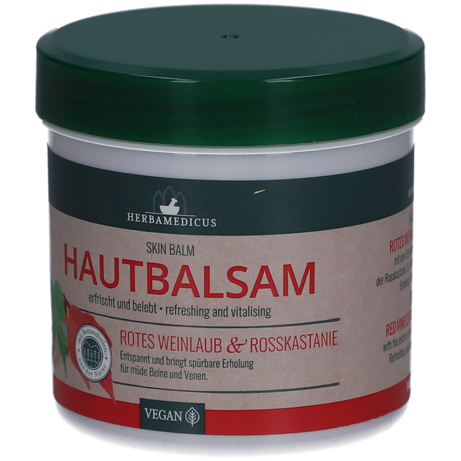 Hautbalsam-Behälter mit grünem Deckel. Aufschrift: Hautbalsam, Rotes Weinlaub & Rosskastanie. Vegan-Siegel.