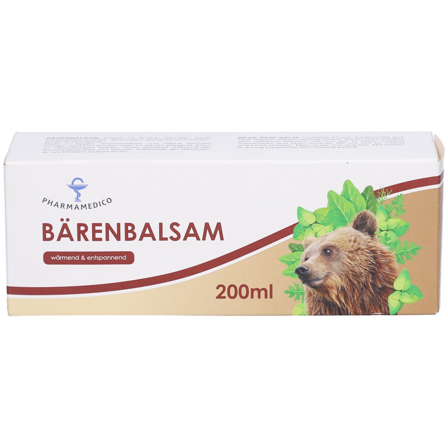 Schachtel mit BÄRENBALSAM. Aufdruck: Bärenkopf, Blätter, PHARMAMEDICO. Text: 200ml, wärmend & entspannend.