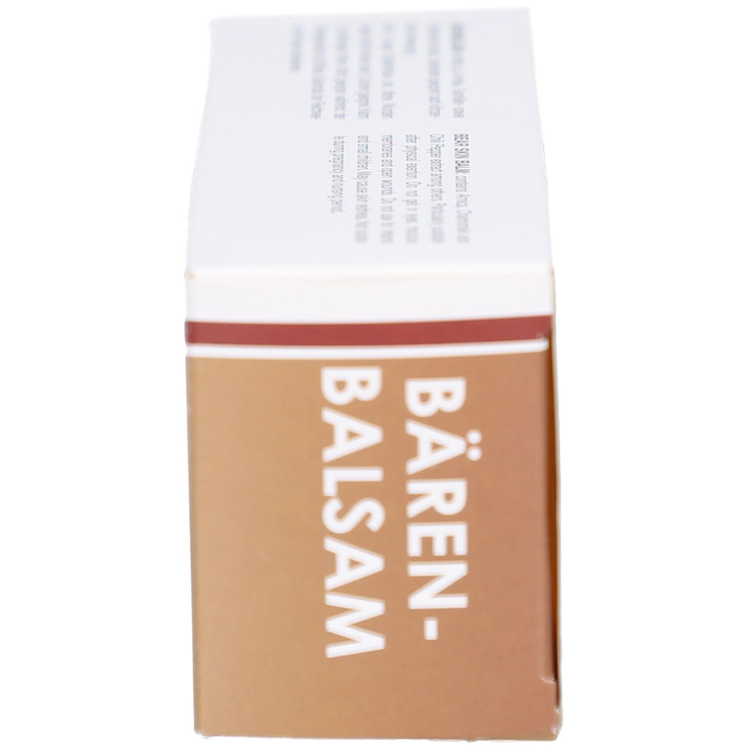Schachtel von BÄRENBALSAM. Seitenansicht. Aufdruck: BÄREN-BALSAM. Brauner Hintergrund.