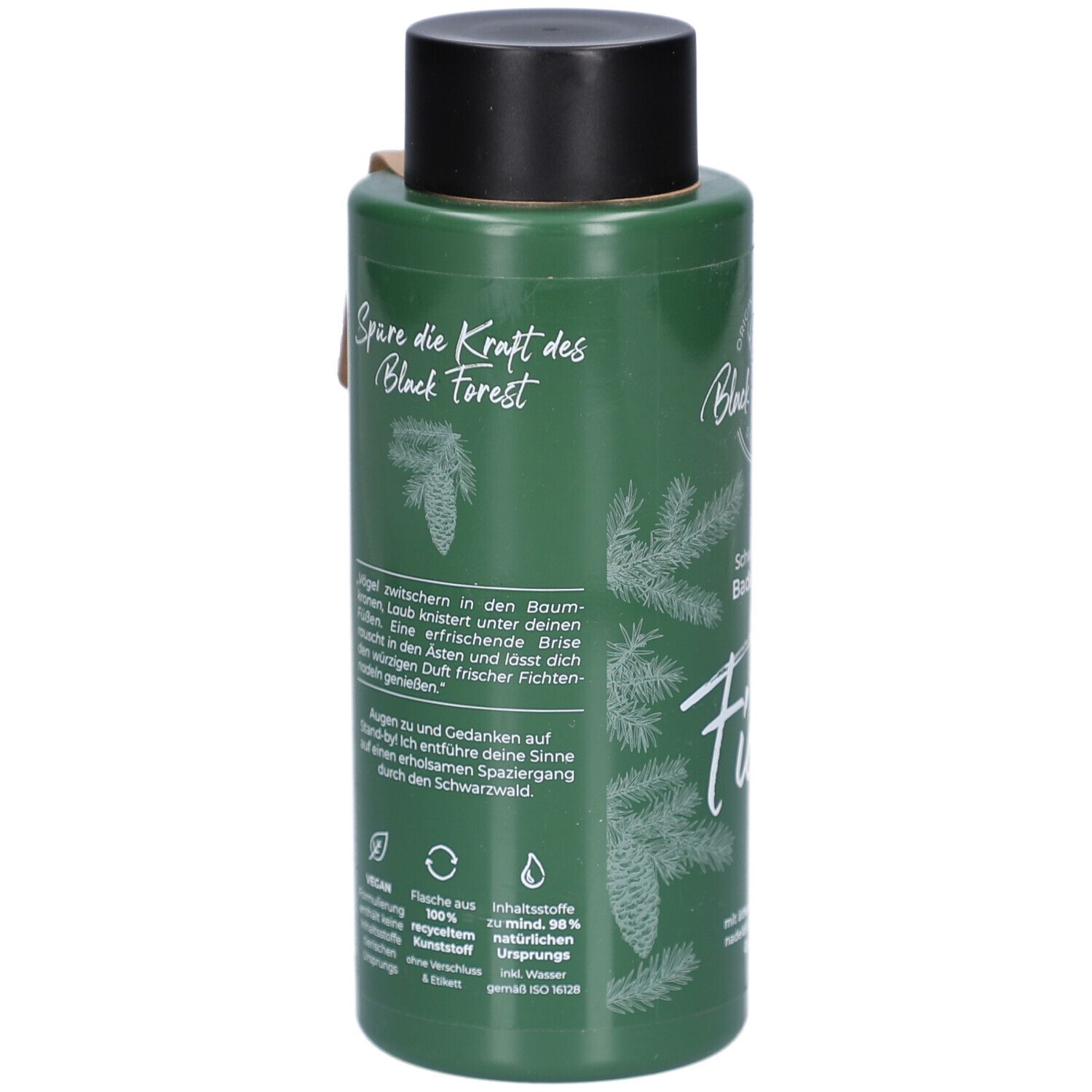 Grüne Flasche mit schwarzem Deckel. Aufschrift: Spüre die Kraft des Black Forest. Abbildung von Tannenzweigen und Zapfen. Vegan-Logo.