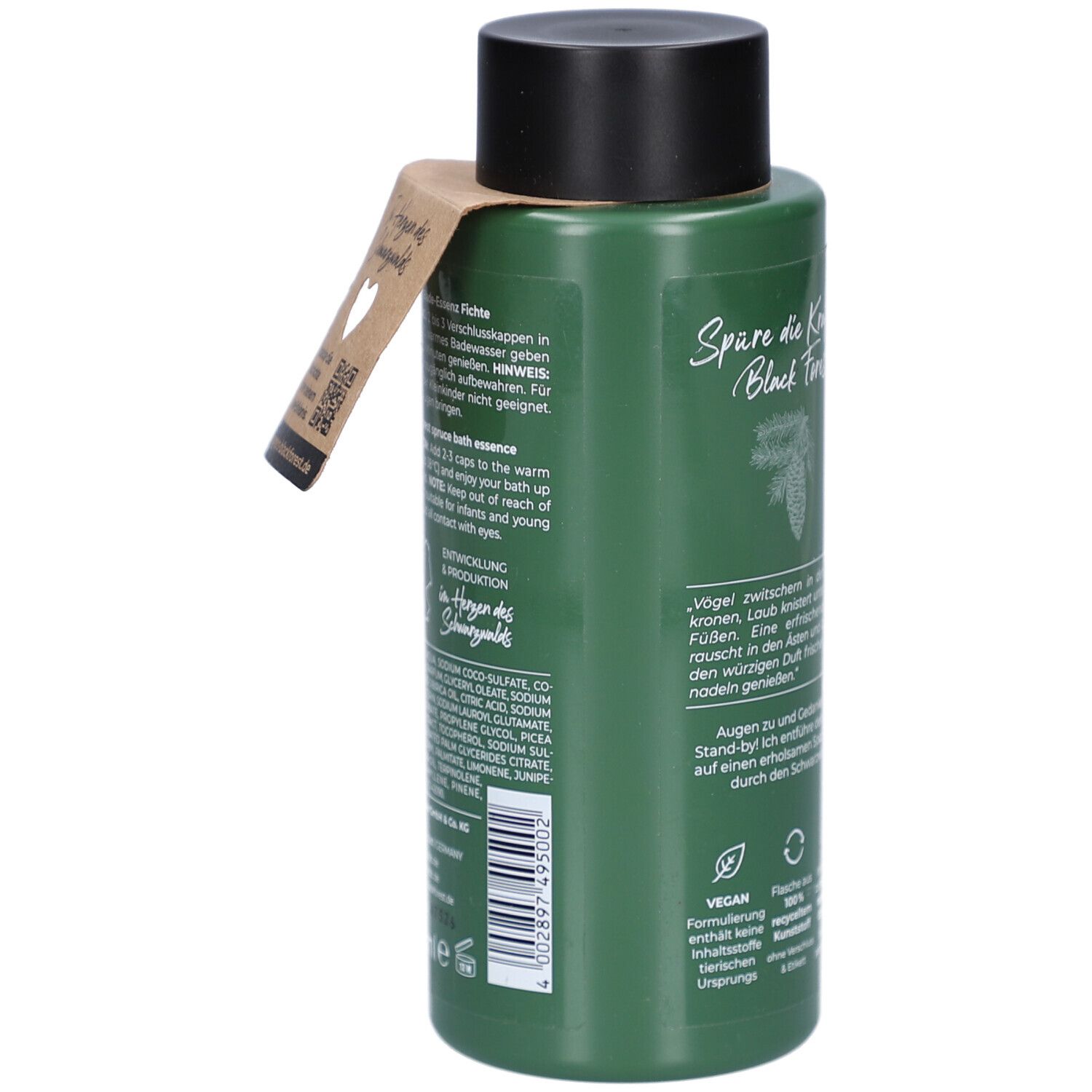 Grüne Flasche mit schwarzem Deckel und Anhänger. Rückseite mit Text und Inhaltsstoffen. Vegan-Logo. QR-Code.