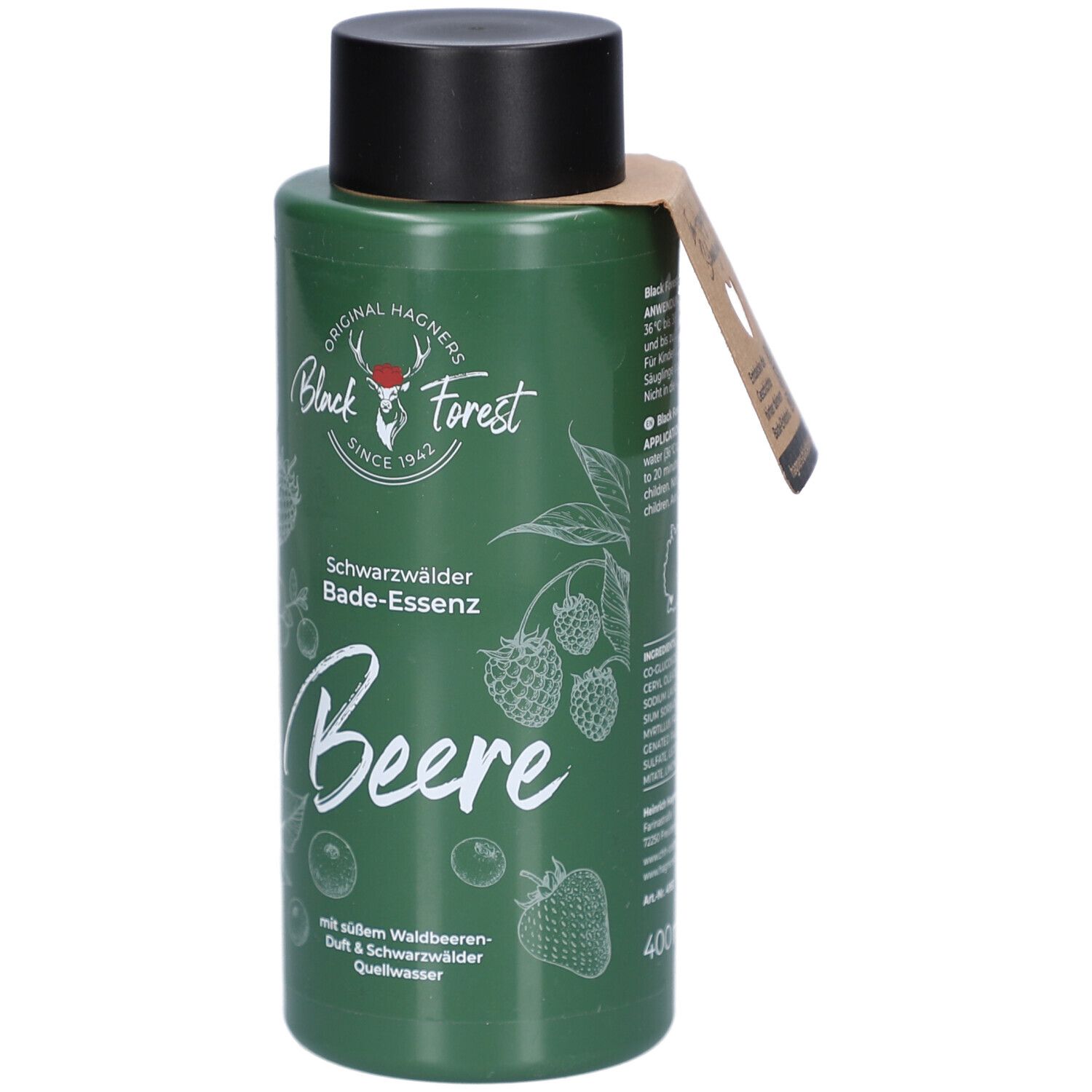 Grüne Flasche mit schwarzem Deckel und Anhänger. Aufschrift: Black Forest, Bade-Essenz Beere. Volumen: 400 ml.