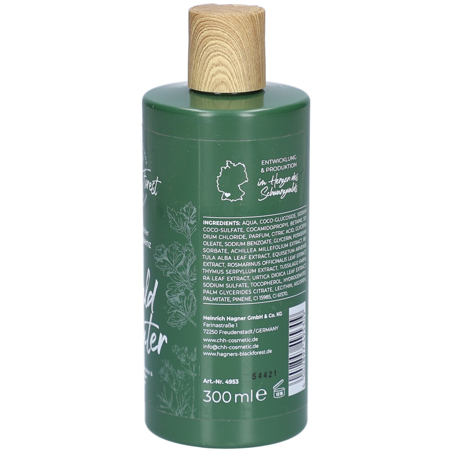 Grüne Flasche mit Holzverschluss. Rückseite mit Inhaltsstoffen und Text. Schwarzwälder Duschessenz Waldkräuter. 300 ml.