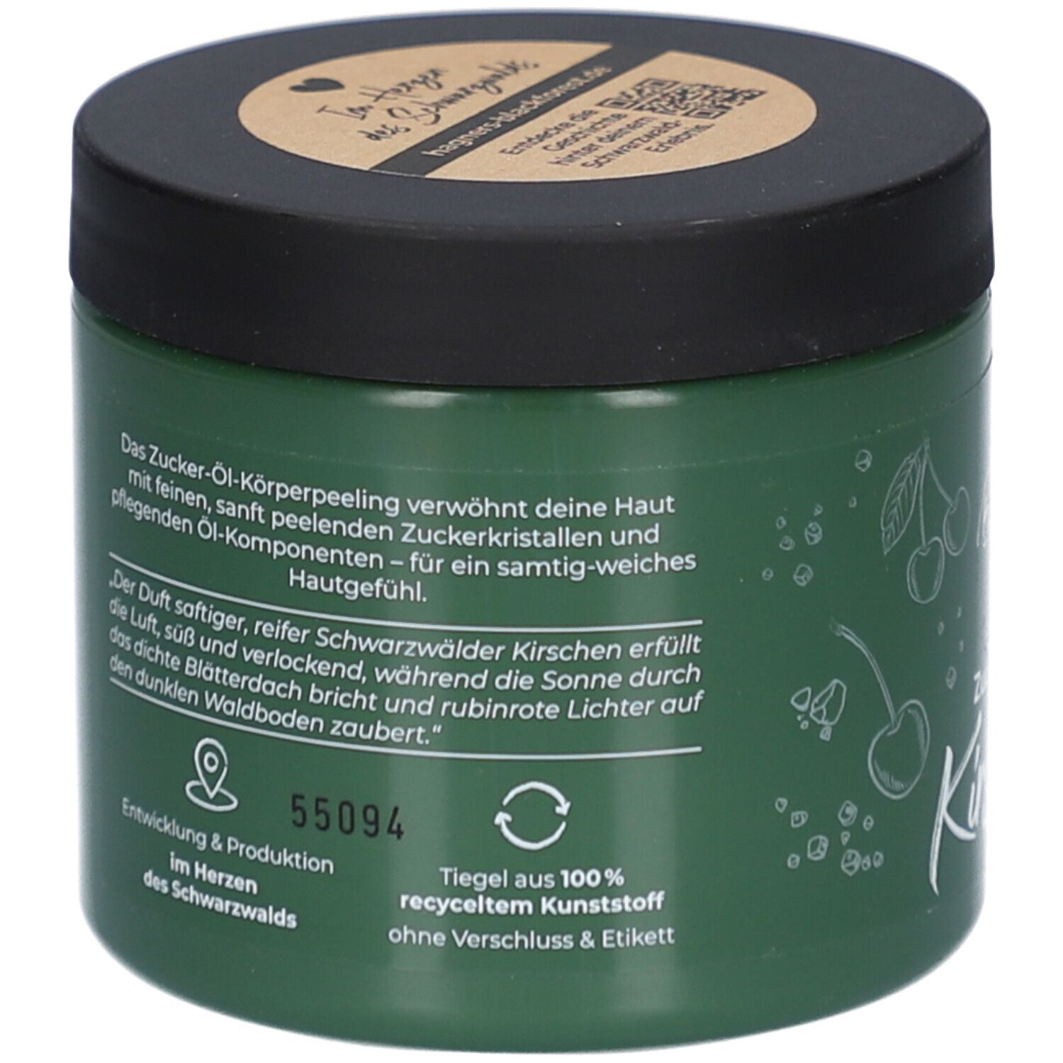 Grüner Tiegel mit Text. Text: Zucker-Öl-Körperpeeling, Kirschen, 55094, Tiegel aus 100% recyceltem Kunststoff.