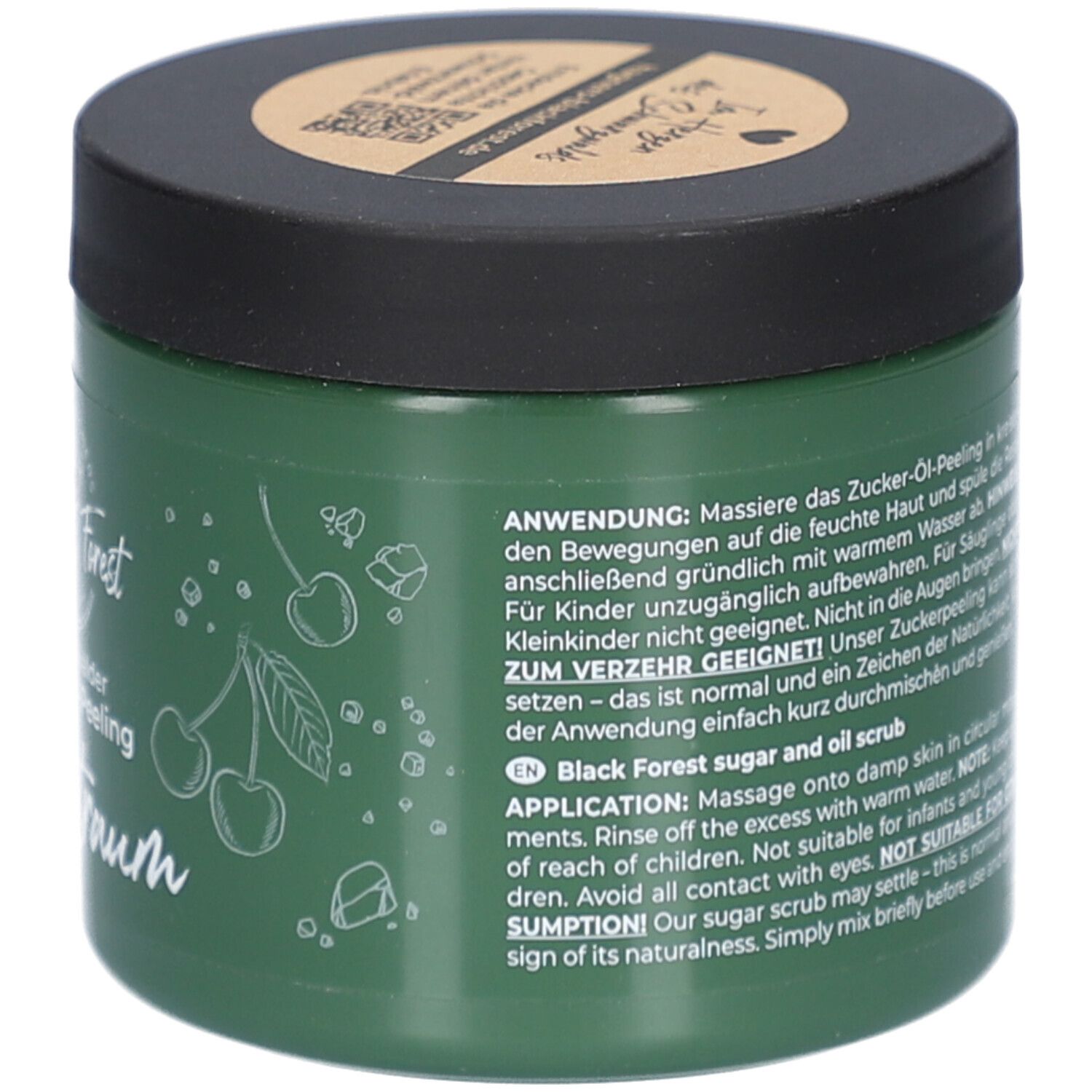 Grüner Tiegel mit Text. Text: Anwendung, nicht für Kinder geeignet, Black Forest sugar and oil scrub, Anwendung.