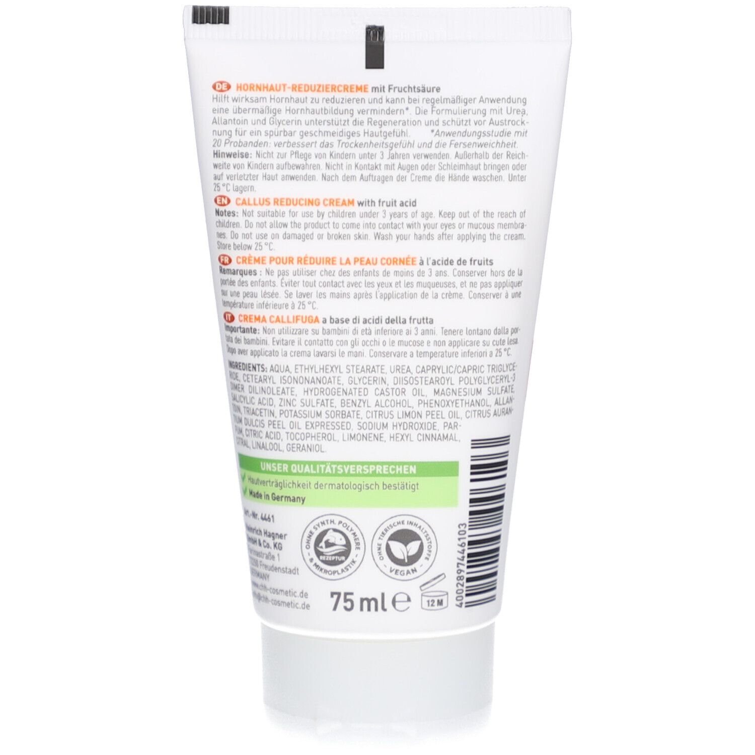 Rückseite der Tube. Text in mehreren Sprachen. Enthält 75 ml. Mit Zertifizierungen und dem Hinweis 'vegan'.