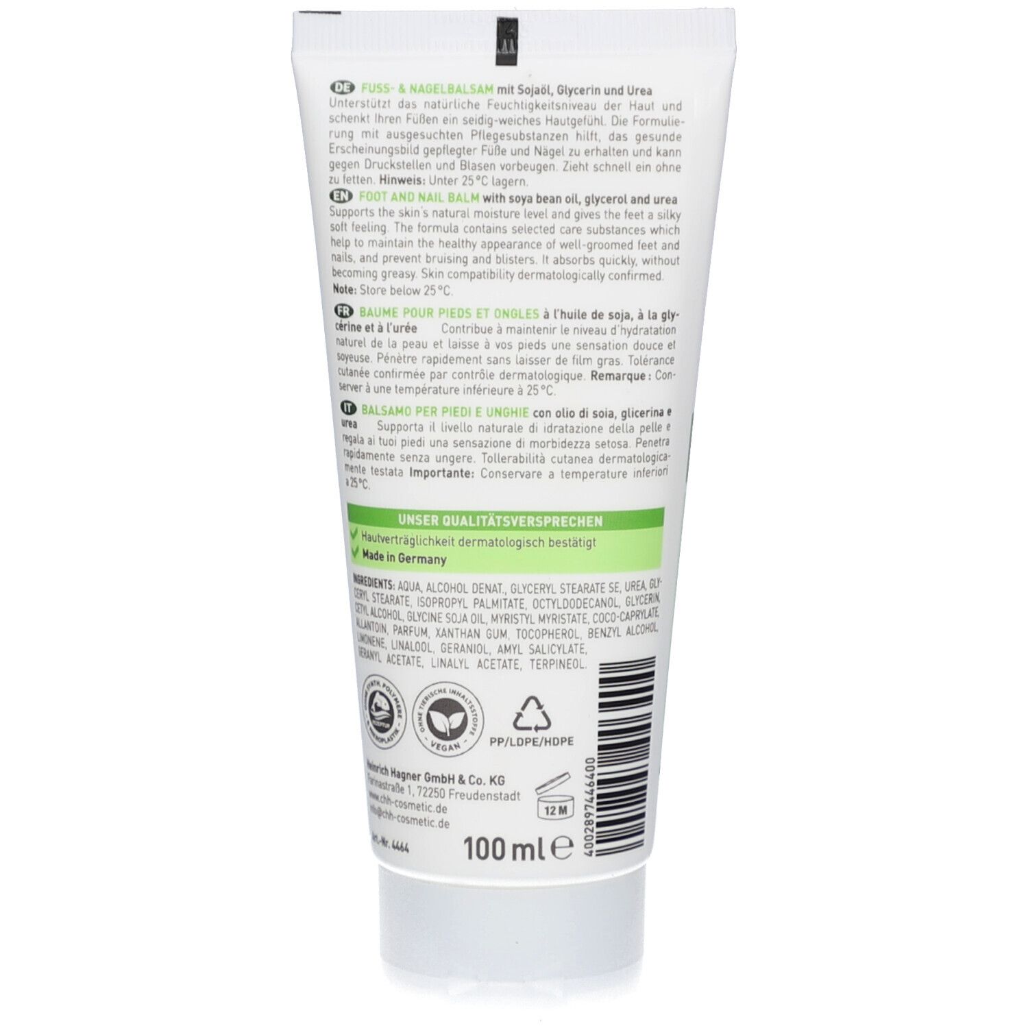 Rückseite der Tube. Text: Fuss & Nagelbalsam. Inhaltsstoffe. 100 ml. Dermatologisch bestätigt. Logo. Made in Germany. Recycling-Symbol.