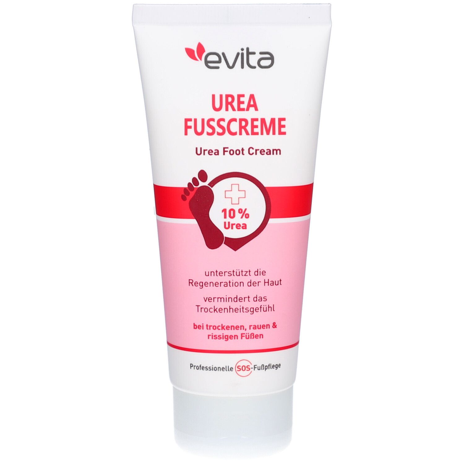 Weiße Tube mit roter und rosa Beschriftung. Aufschrift: evita Urea Fusscreme. Fußsymbol mit 10% Urea. Professionelle SOS-Fußpflege.