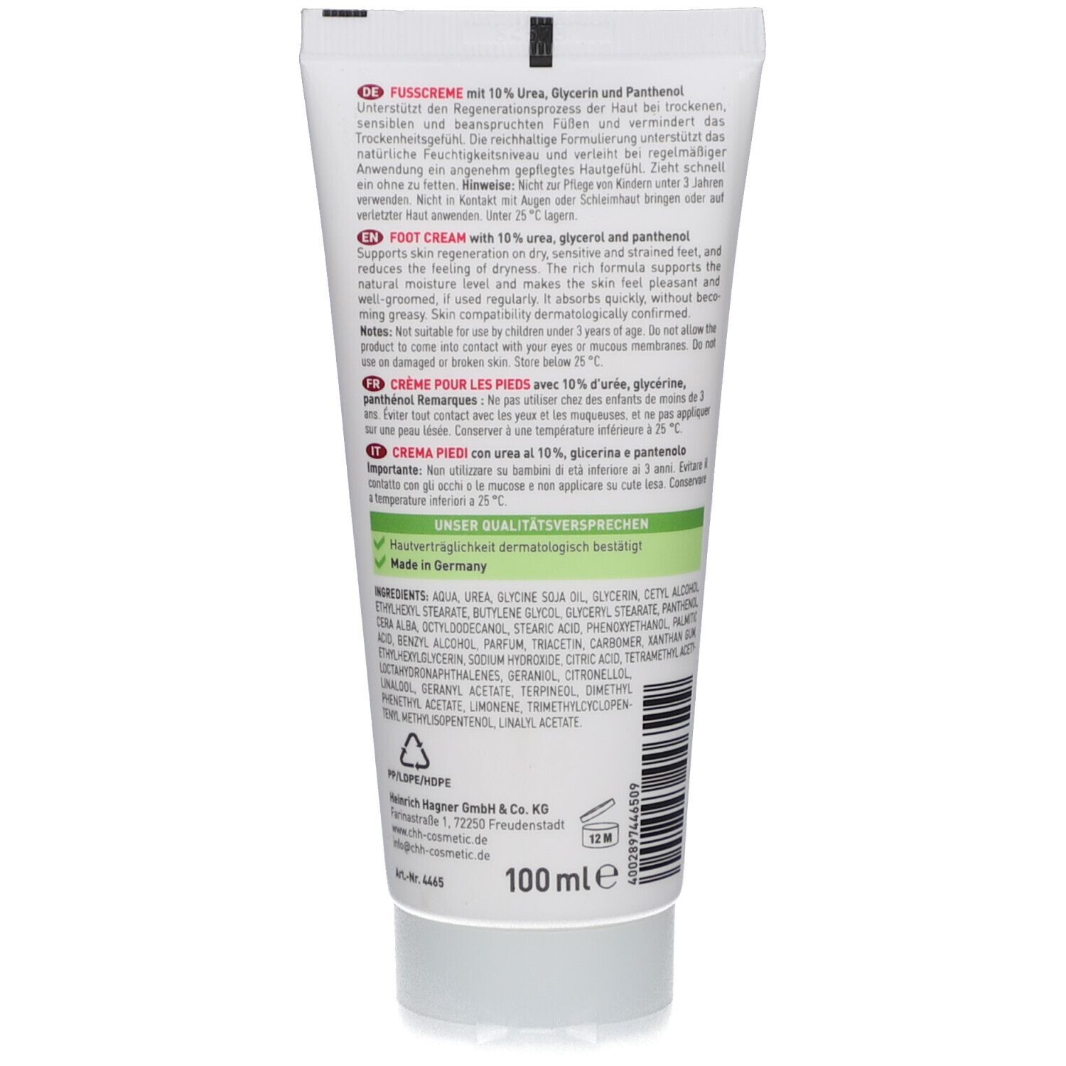 Rückseite der Tube. Text in Deutsch, Englisch, Französisch und Italienisch. Inhaltsstoffe und Herstellerangaben. 100 ml.