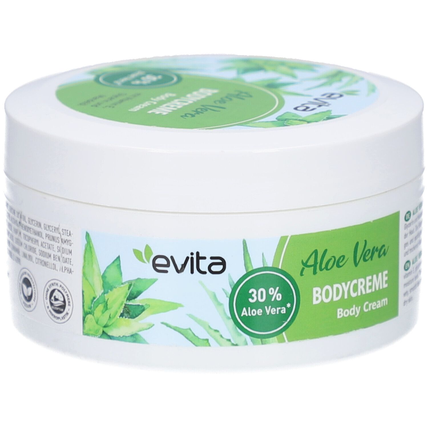 Weißer Tiegel mit grünem Deckel. Aufkleber mit Aloe Vera-Motiv und Schriftzug BODYCREME Aloe Vera 30% evita.