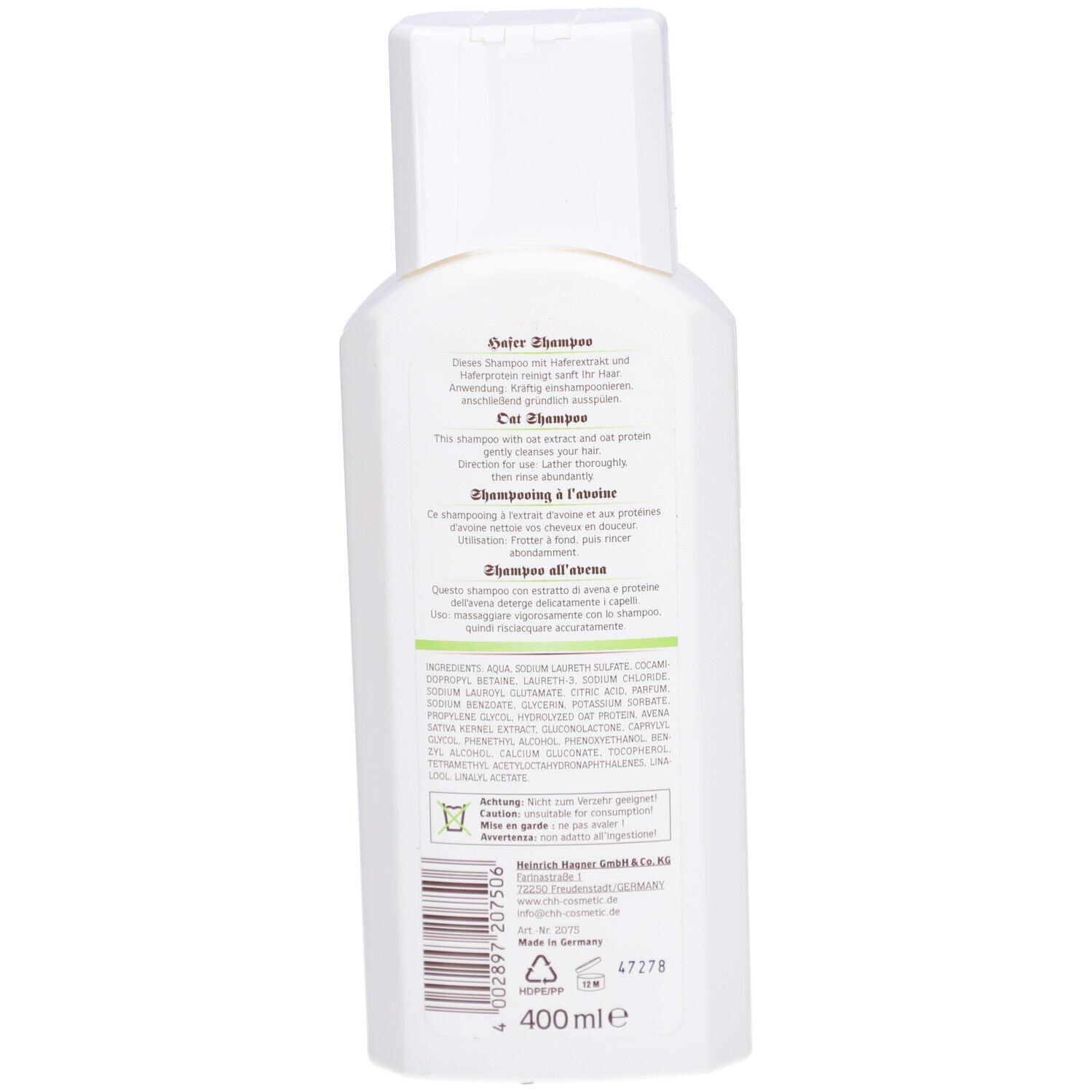 Rückseite einer weißen Flasche. Text in mehreren Sprachen. Inhaltsstoffe und Herstellerinformationen. 400 ml.