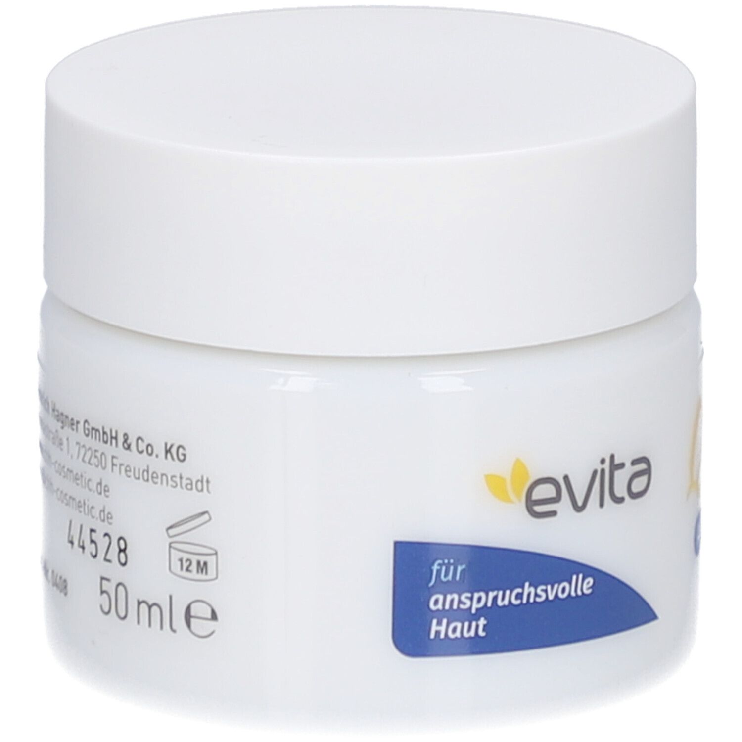 Weißes Tiegel mit weißem Deckel. Aufschrift: evita, für anspruchsvolle Haut. 50 ml.