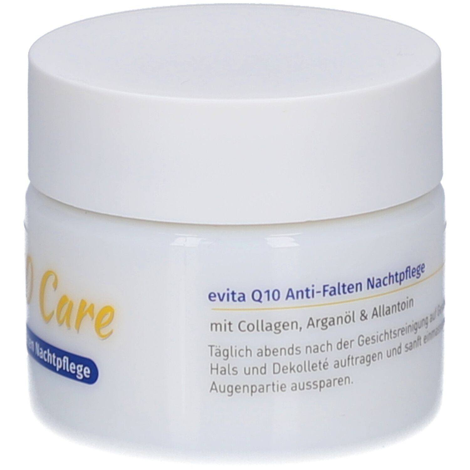 Weißes Tiegel mit weißem Deckel. Aufschrift: evita Q10 Care Anti-Falten Nachtpflege. Mit Collagen, Arganöl & Allantoin.