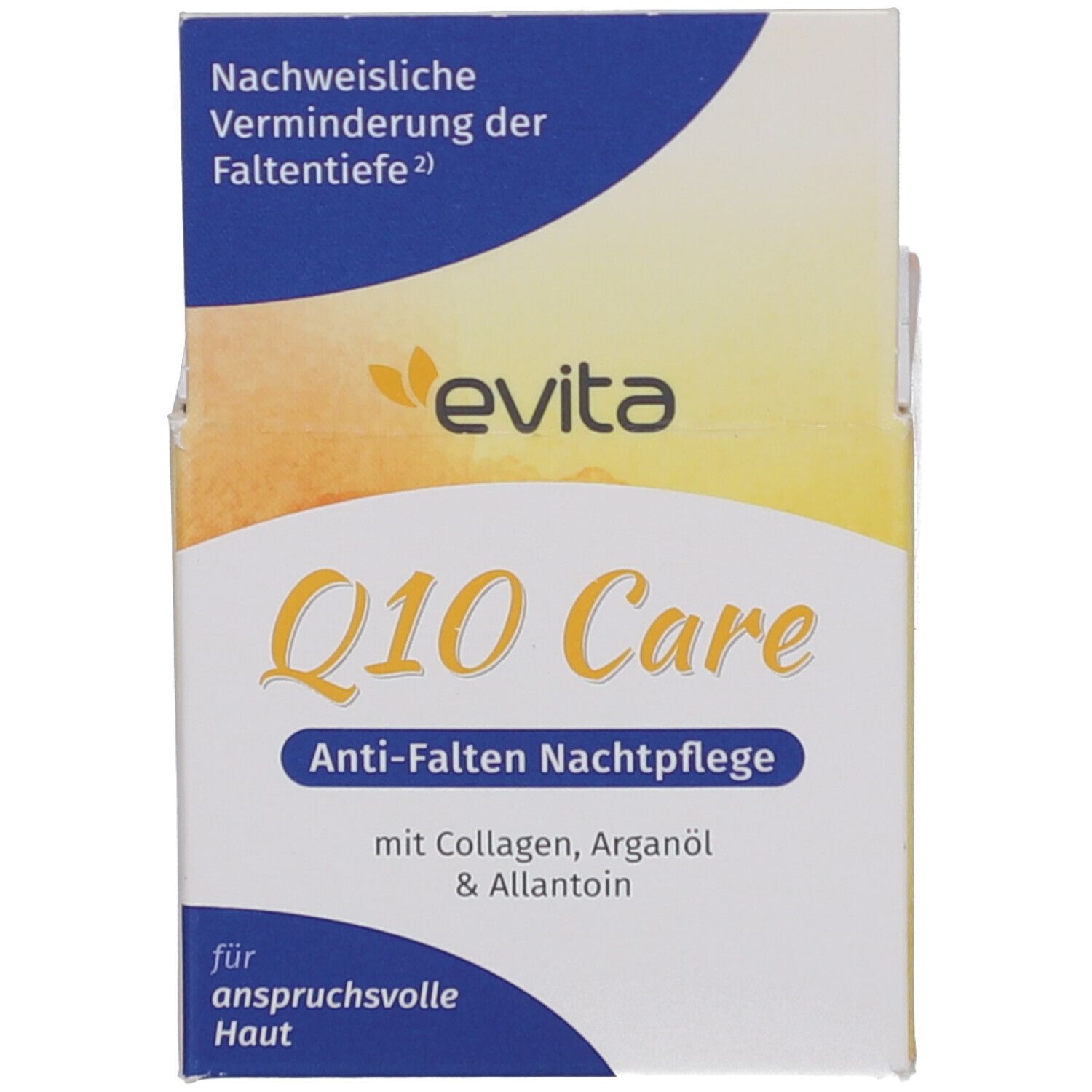 Karton mit Aufschrift: evita Q10 Care Anti-Falten Nachtpflege. Mit Collagen, Arganöl & Allantoin. Für anspruchsvolle Haut.