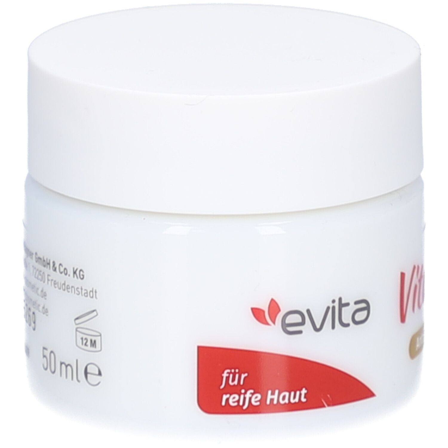 Weißer Tiegel mit Deckel. Roter Aufkleber mit Text. Aufschrift: evita Vital Care. 50 ml.