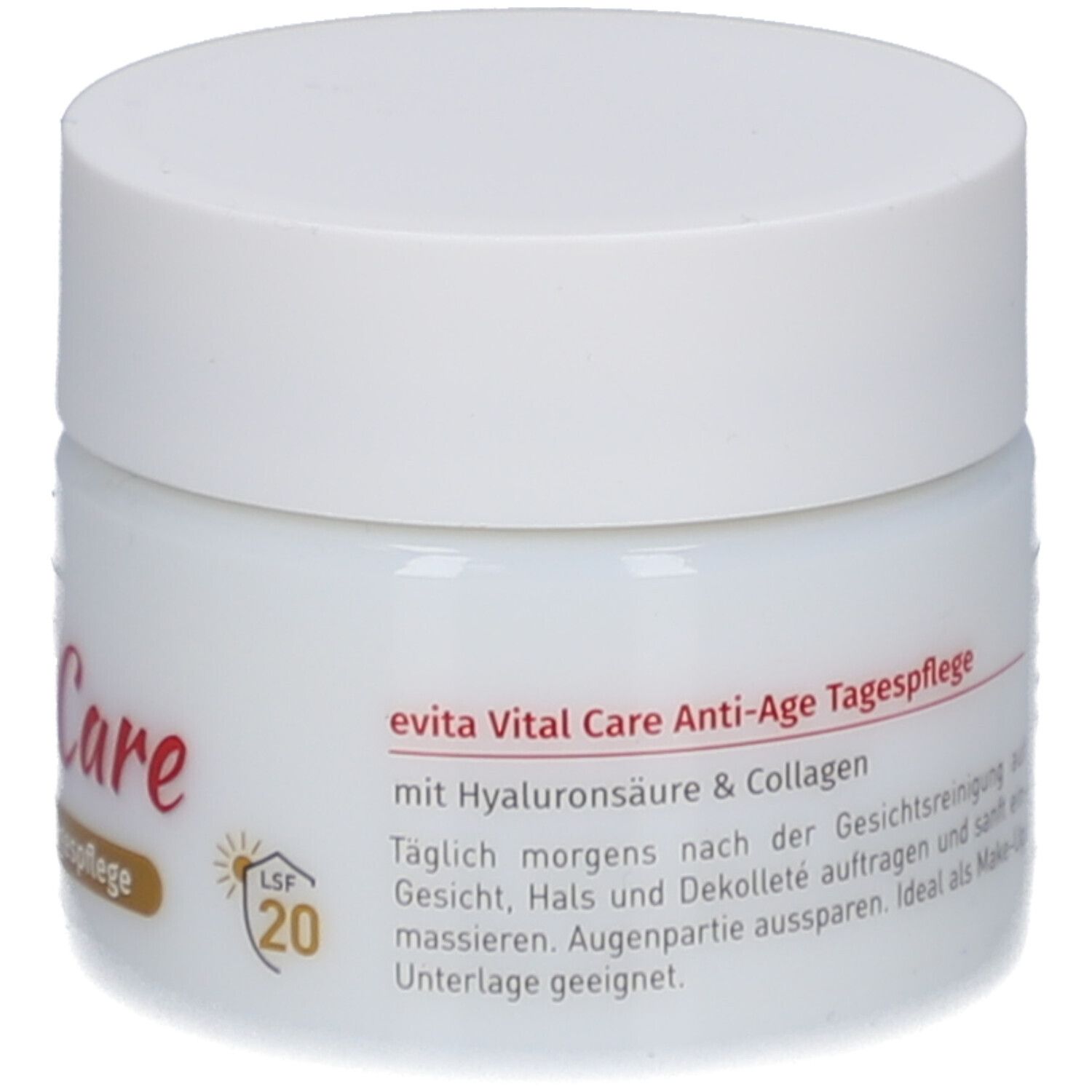 Weißer Tiegel mit Deckel. Aufschrift: evita Vital Care Anti-Age Tagespflege. Mit Hyaluronsäure & Collagen. LSF 20.