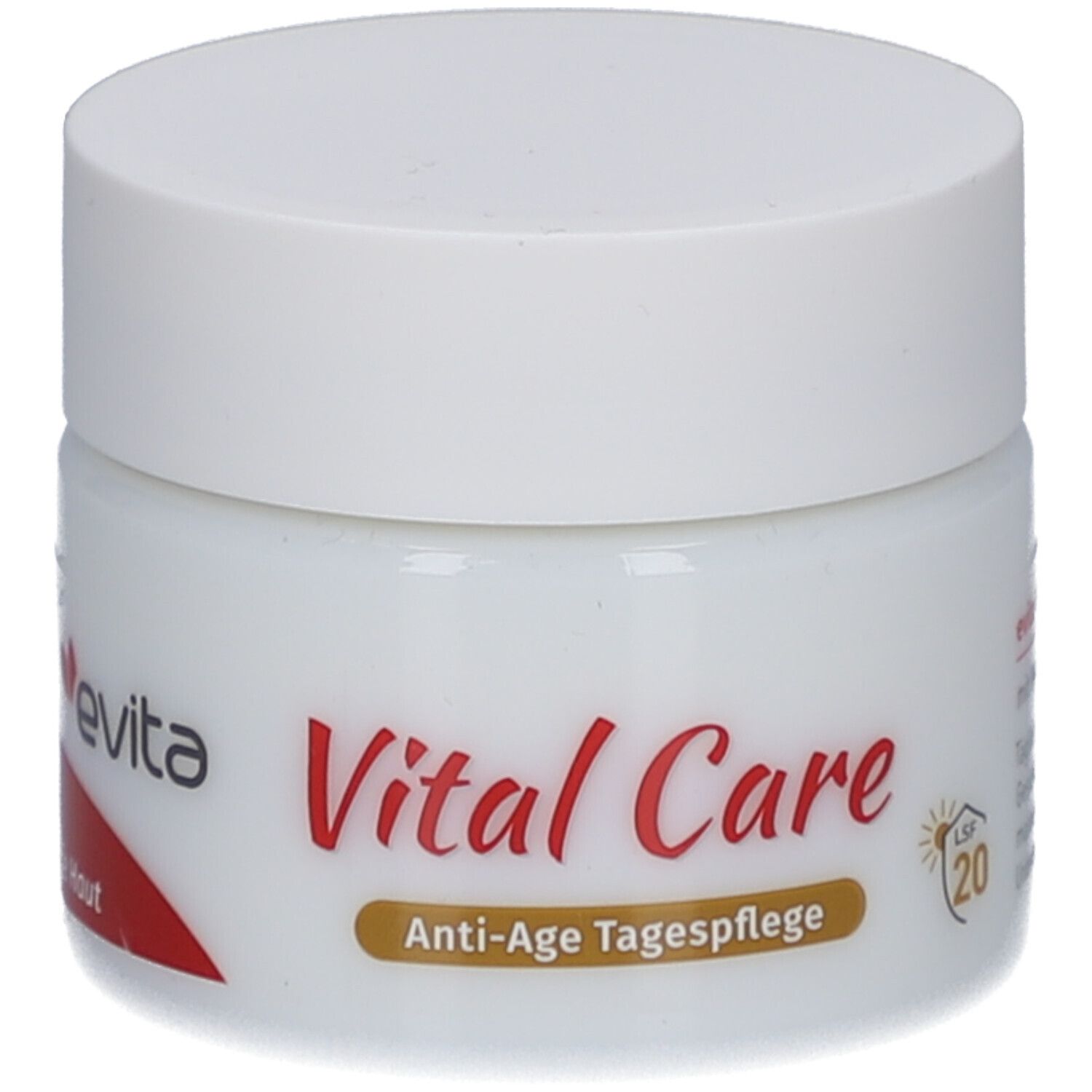 Weißer Tiegel mit Deckel. Aufschrift: evita Vital Care Anti-Age Tagespflege. LSF 20. Roter Aufkleber mit Text.