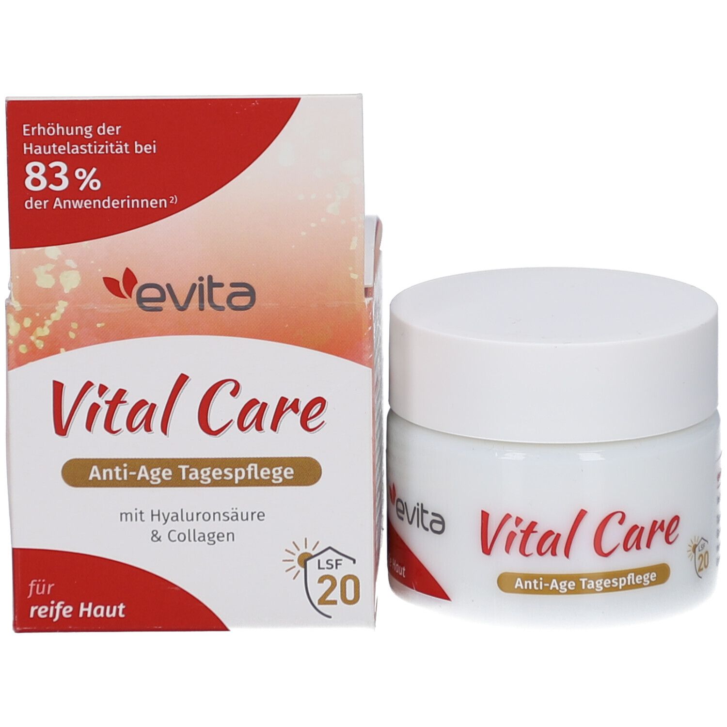 Creme-Tiegel und Verpackung. Aufschrift: evita Vital Care Anti-Age Tagespflege. Mit Hyaluronsäure & Collagen. LSF 20.