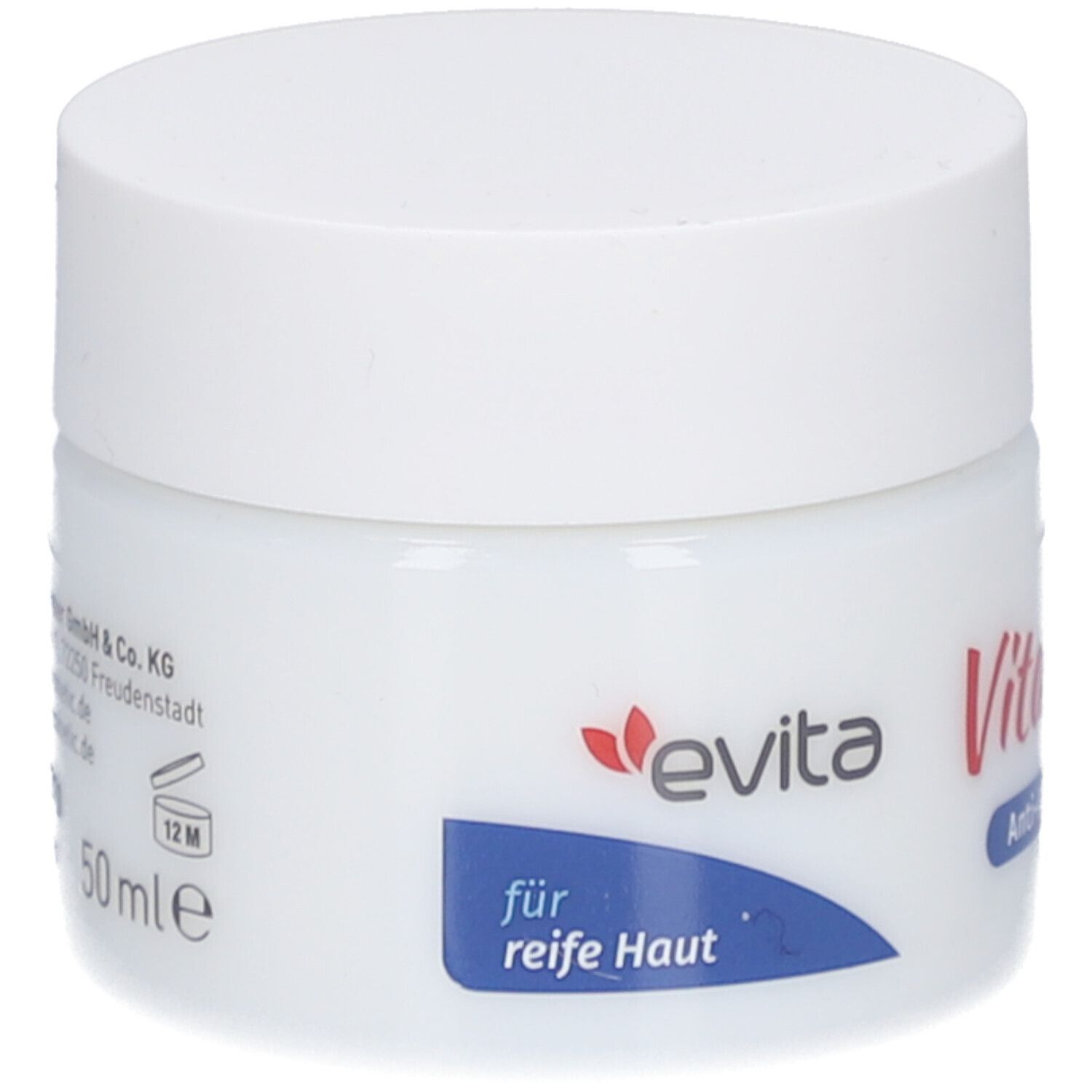 Weißes Tiegel mit Schraubverschluss. Aufschrift: evita, Vital Care Anti-Age Nachtpflege, für reife Haut. 50 ml.