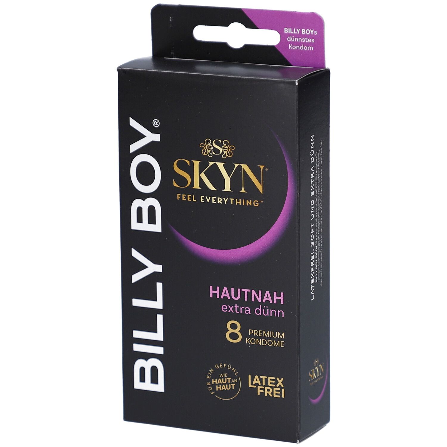 Schwarze Schachtel mit BILLY BOY, SKYN Logo, Aufschrift 'HAUTNAH extra dünn' und '8 Premium Kondome'.