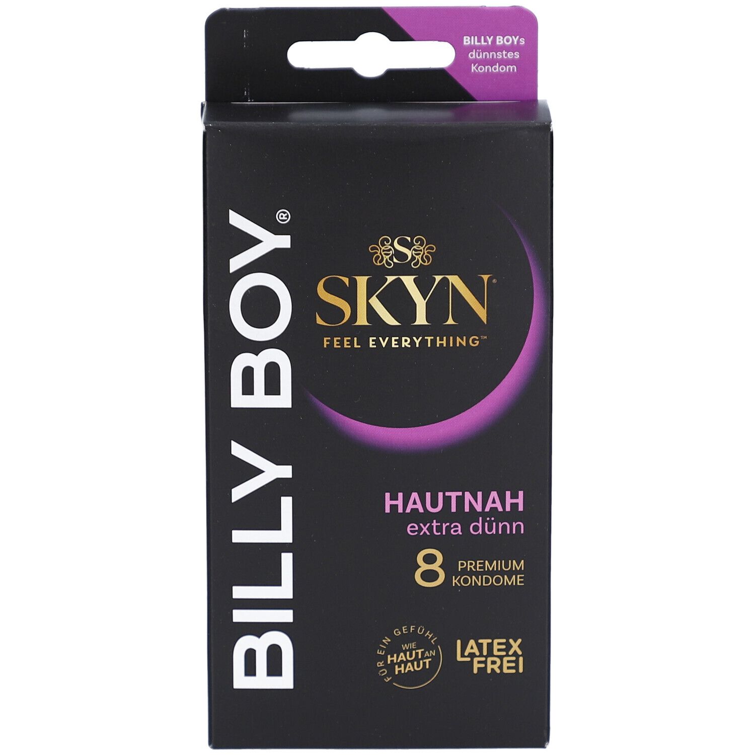 Schwarze Schachtel mit BILLY BOY, SKYN Logo, Aufschrift 'HAUTNAH extra dünn' und '8 Premium Kondome'.