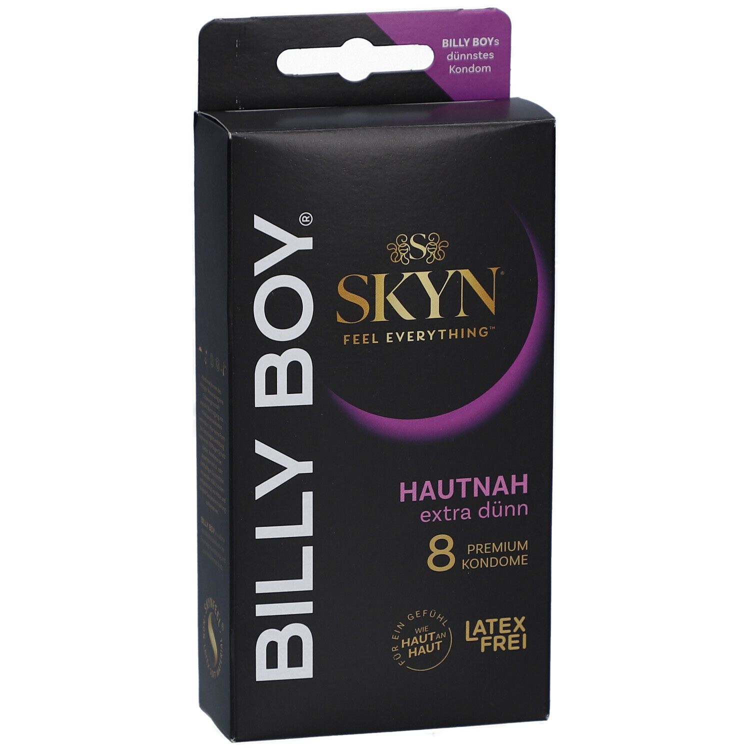 Schwarze Schachtel mit BILLY BOY, SKYN Logo, Aufschrift 'HAUTNAH extra dünn' und '8 Premium Kondome'.