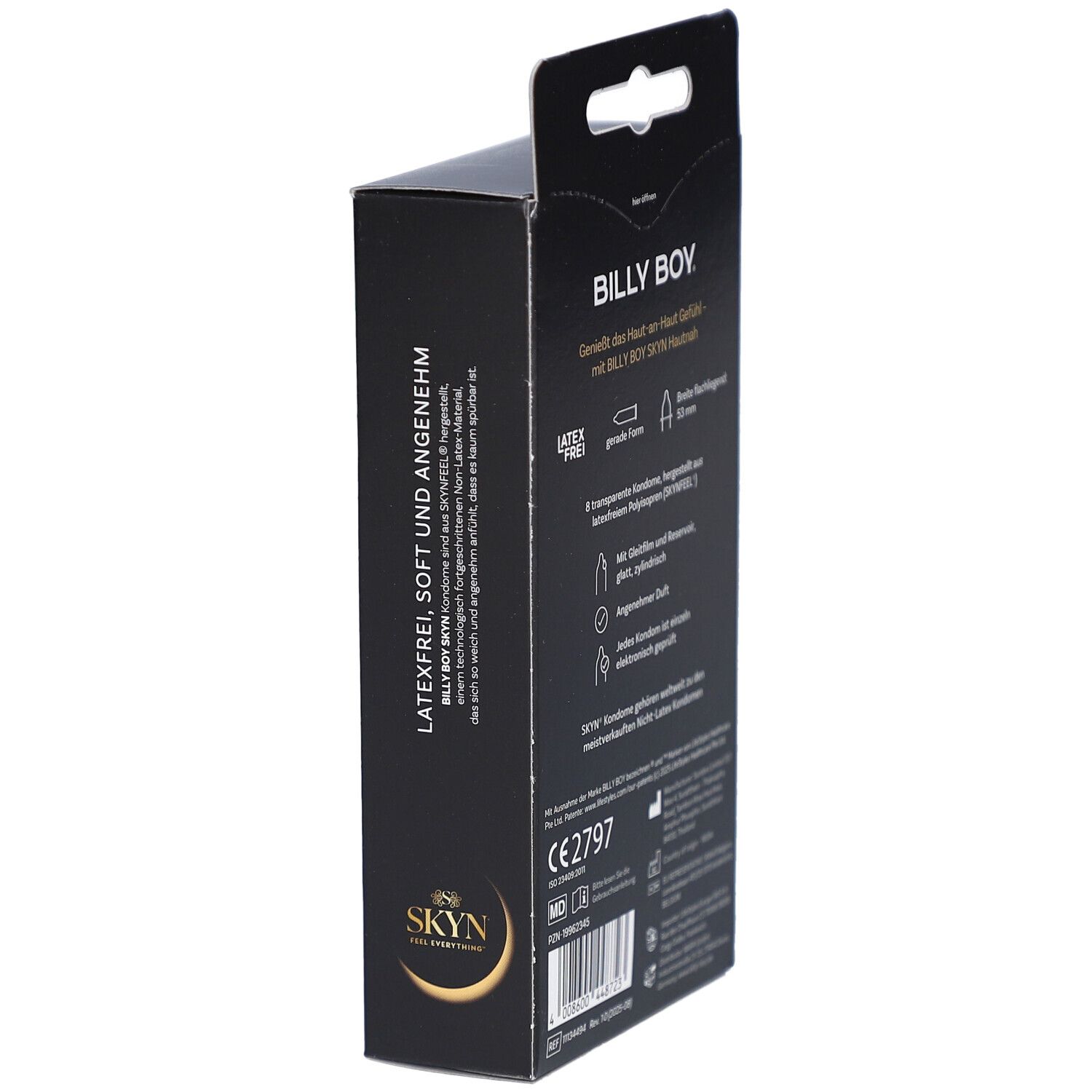 Schwarze Schachtel mit Text. Enthält Informationen zu den Kondomen. CE-Kennzeichnung.