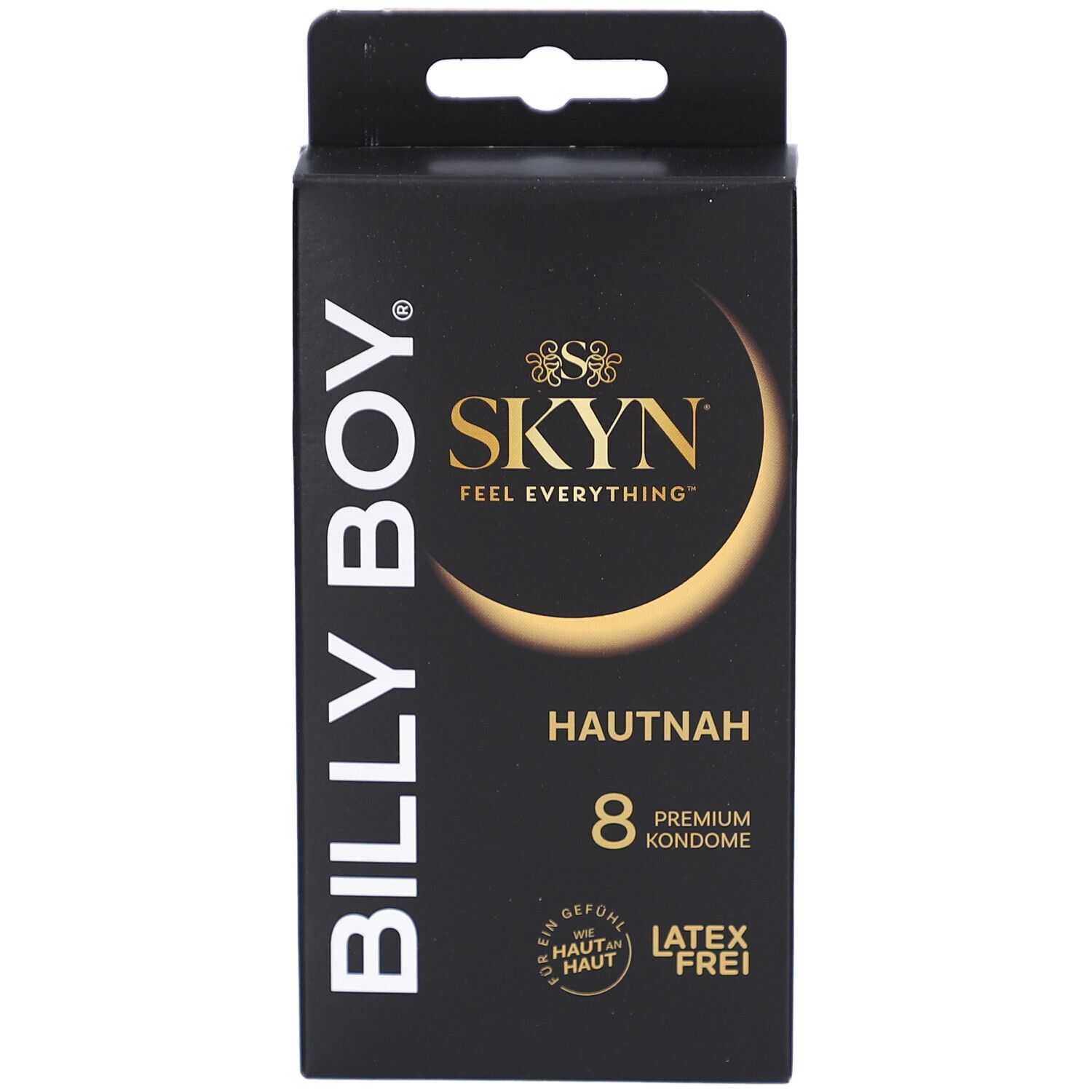 Schwarze Schachtel mit BILLY BOY und SKYN Logo. Enthält 8 Premium Kondome. Latex-frei.