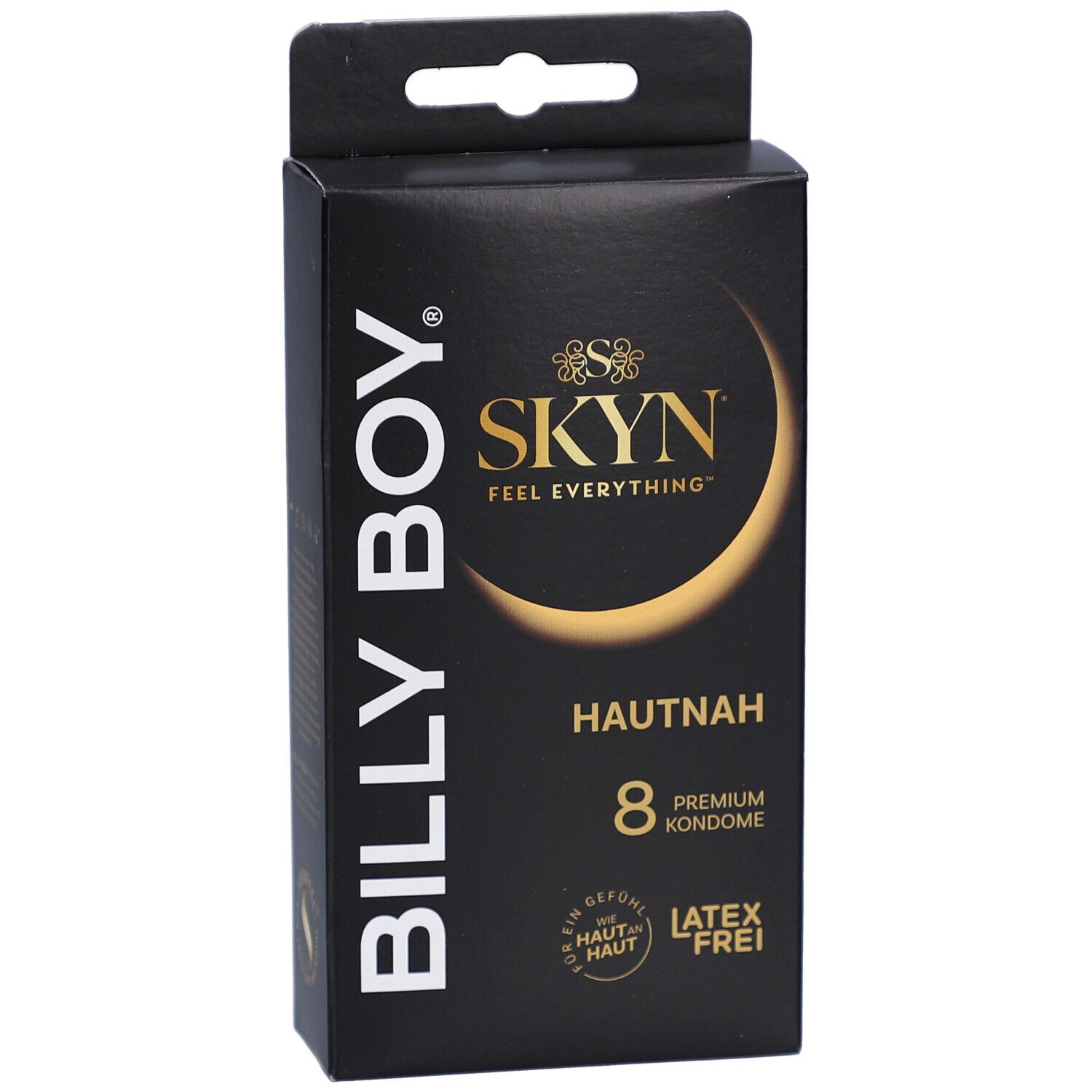 Schwarze Schachtel mit BILLY BOY und SKYN Logo. Enthält 8 Premium Kondome. Latex-frei.