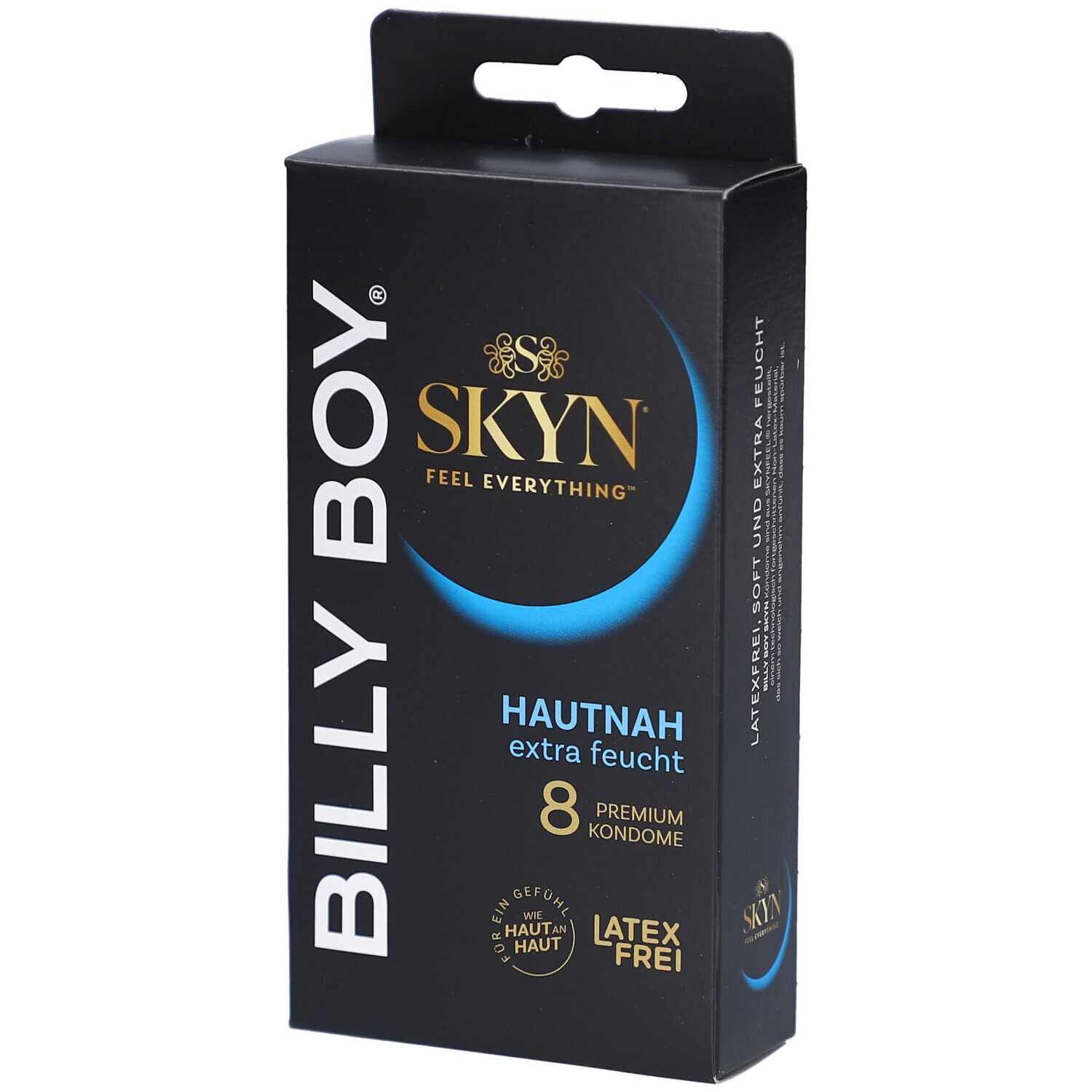 Schwarze Schachtel mit BILLY BOY und SKYN Logo. Text: HAUTNAH extra feucht, 8 Premium Kondome. Latex-frei.