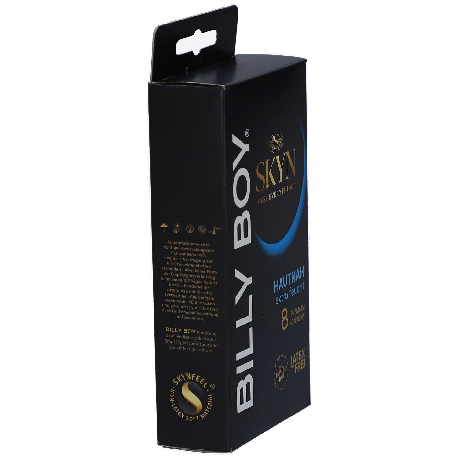 Schwarze Schachtel mit BILLY BOY und SKYN Logo. Text: HAUTNAH extra feucht, 8 Premium Kondome. Latex-frei. Rückseite mit Text.
