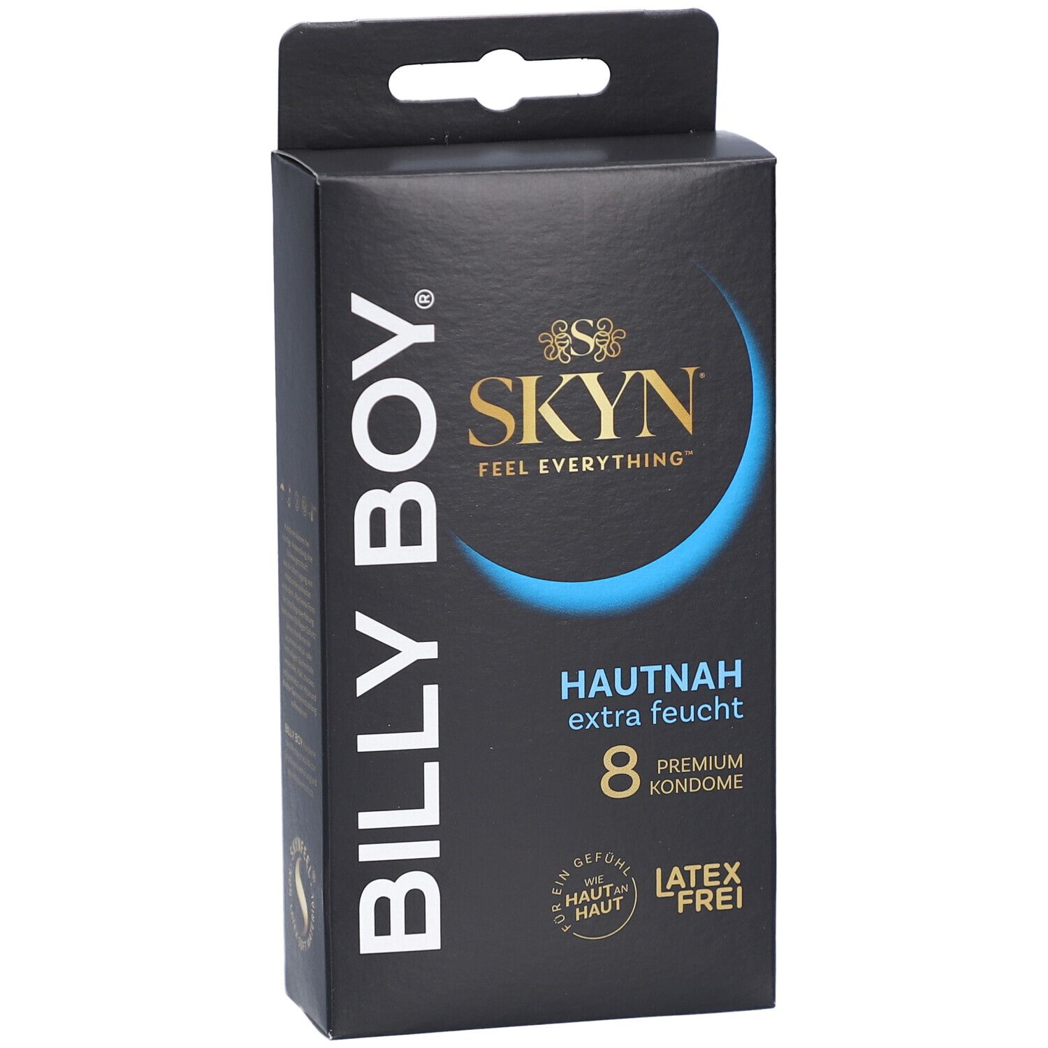 Schwarze Schachtel mit BILLY BOY und SKYN Logo. Text: HAUTNAH extra feucht, 8 Premium Kondome. Latex-frei.