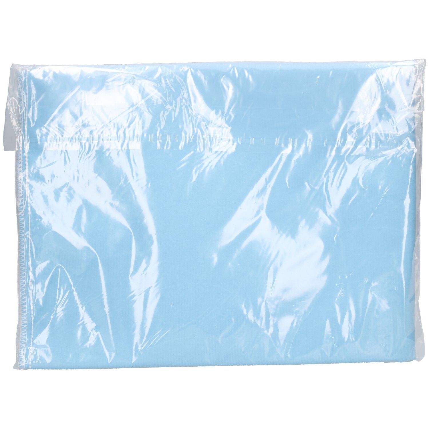 Blaues MoliCare Bed Mat Textile in transparenter Folienverpackung. Rechteckige Form.