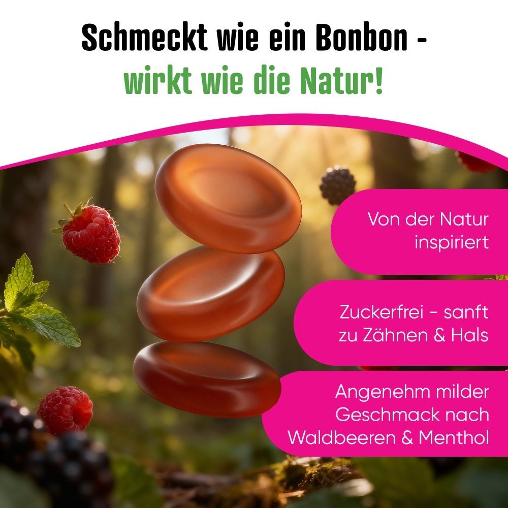 Transpulmin Hustenpastillen mit Waldbeeren- und Mentholgeschmack. Zuckerfrei.