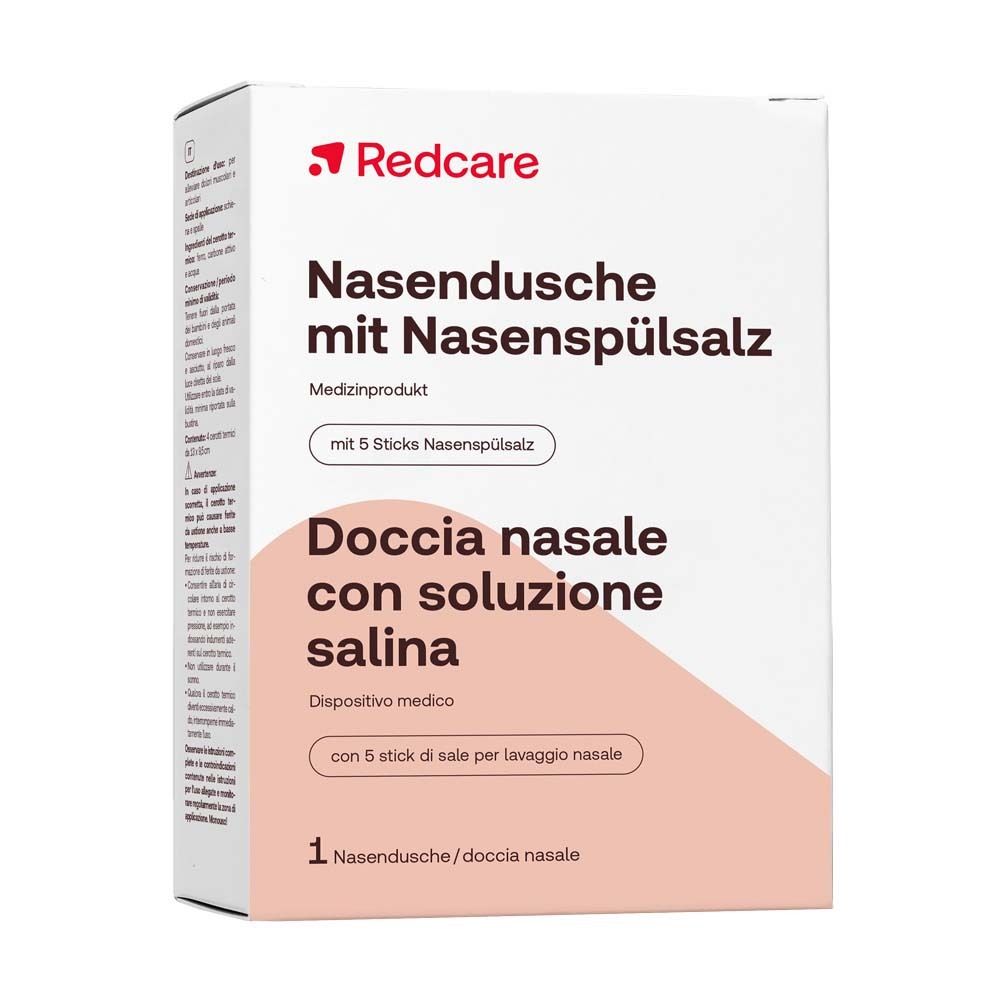 Weißer Karton mit rotem Deckel. Aufdruck: Redcare Nasendusche mit Nasenspülsalz. Medizinprodukt. Italienische und deutsche Texte.