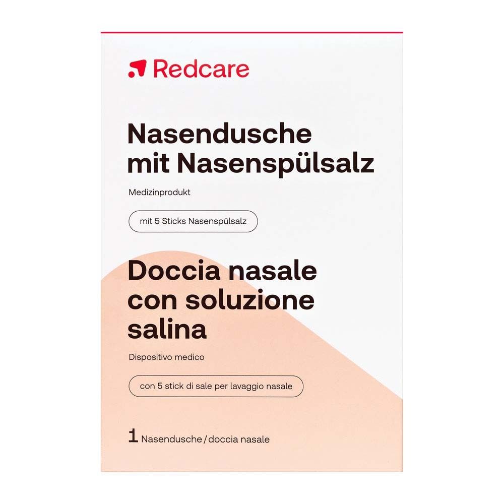 Verpackung von Redcare Nasendusche mit Nasenspülsalz. Enthält Nasendusche und 5 Sticks Nasenspülsalz. Aufschrift: Doccia nasale con soluzione salina.