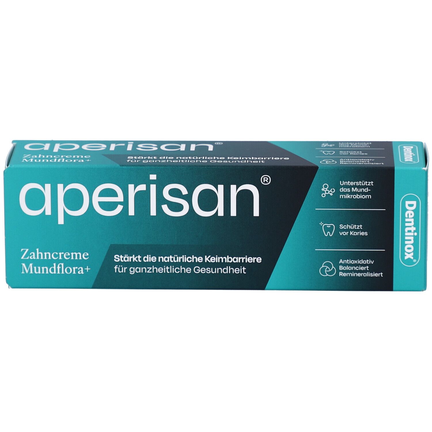Zahncreme-Schachtel. Aufschrift: aperisan® Zahncreme Mundflora+. Grün-blaue Farbgebung. Dentinox Logo.